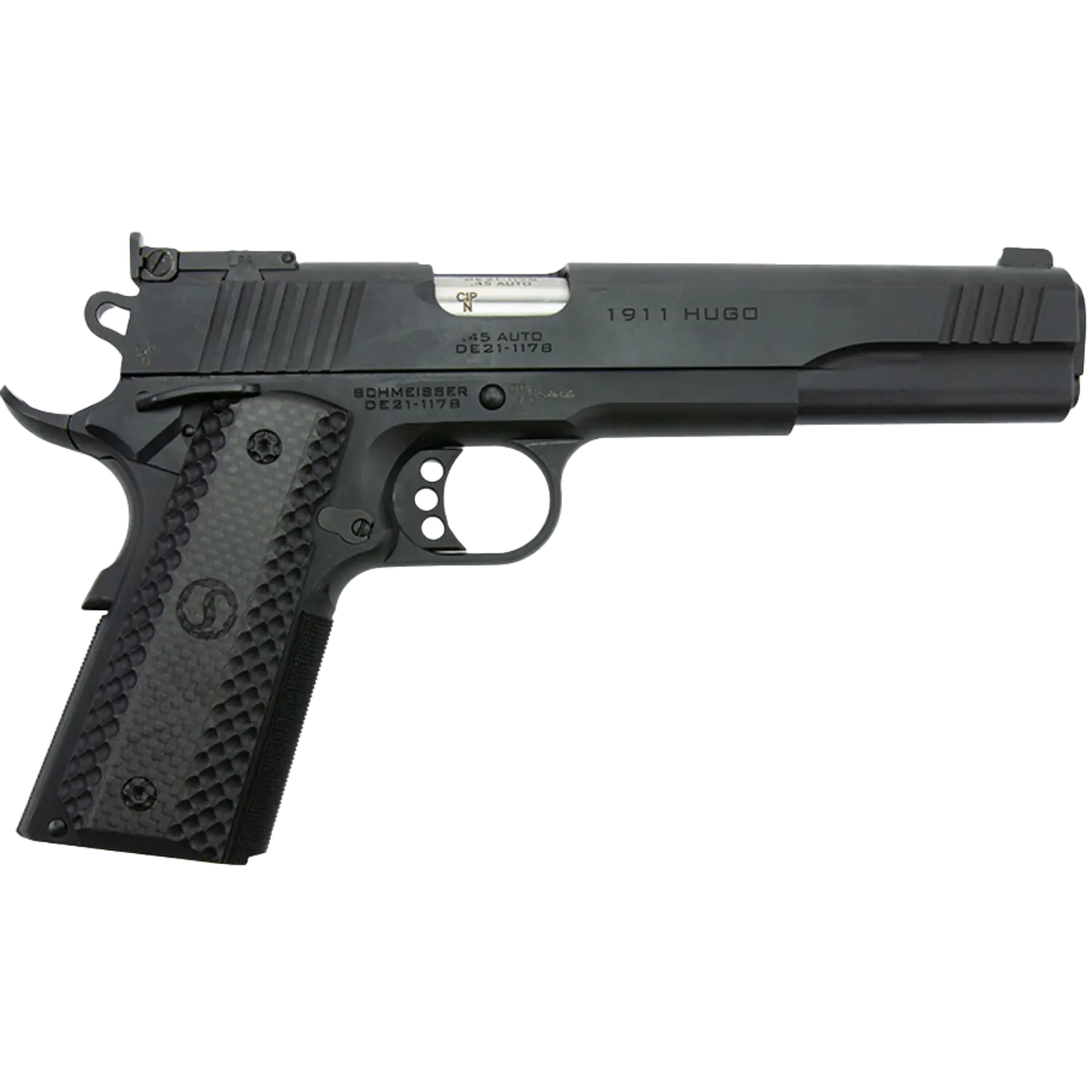 Pistole Schmeisser Hugo 1911 Kaliber .45ACP 6 Zoll Schwarze Schmeißer Hugo 1911 Pistole Kaliber .45ACP mit 6-Zoll-Lauf und strukturiertem Griff