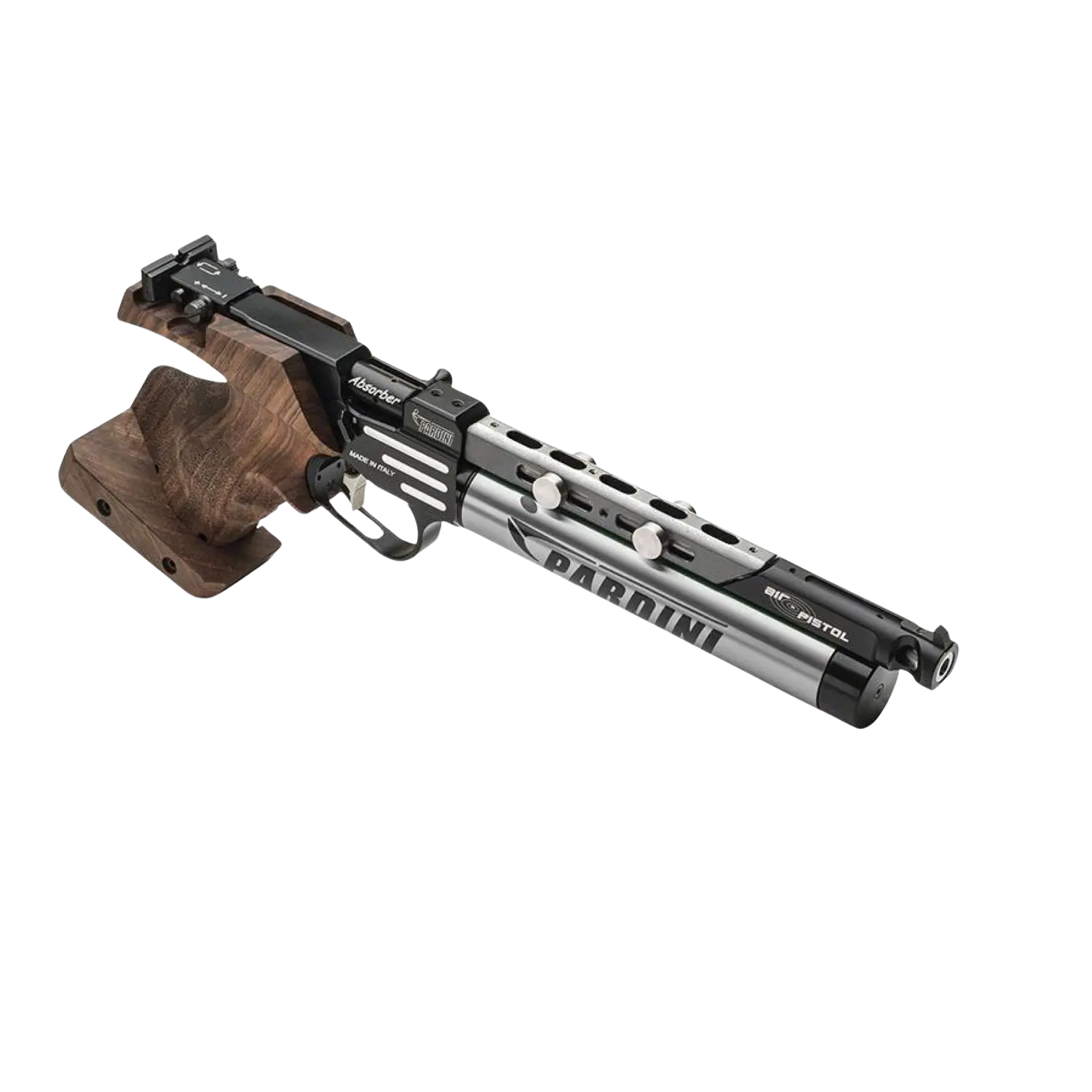 Luftpistole mit schwarzem Lauf, silberner Kartusche und ergonomischem Holzgriff, seitliche Gravur 'PARDINI' auf der Kartusche