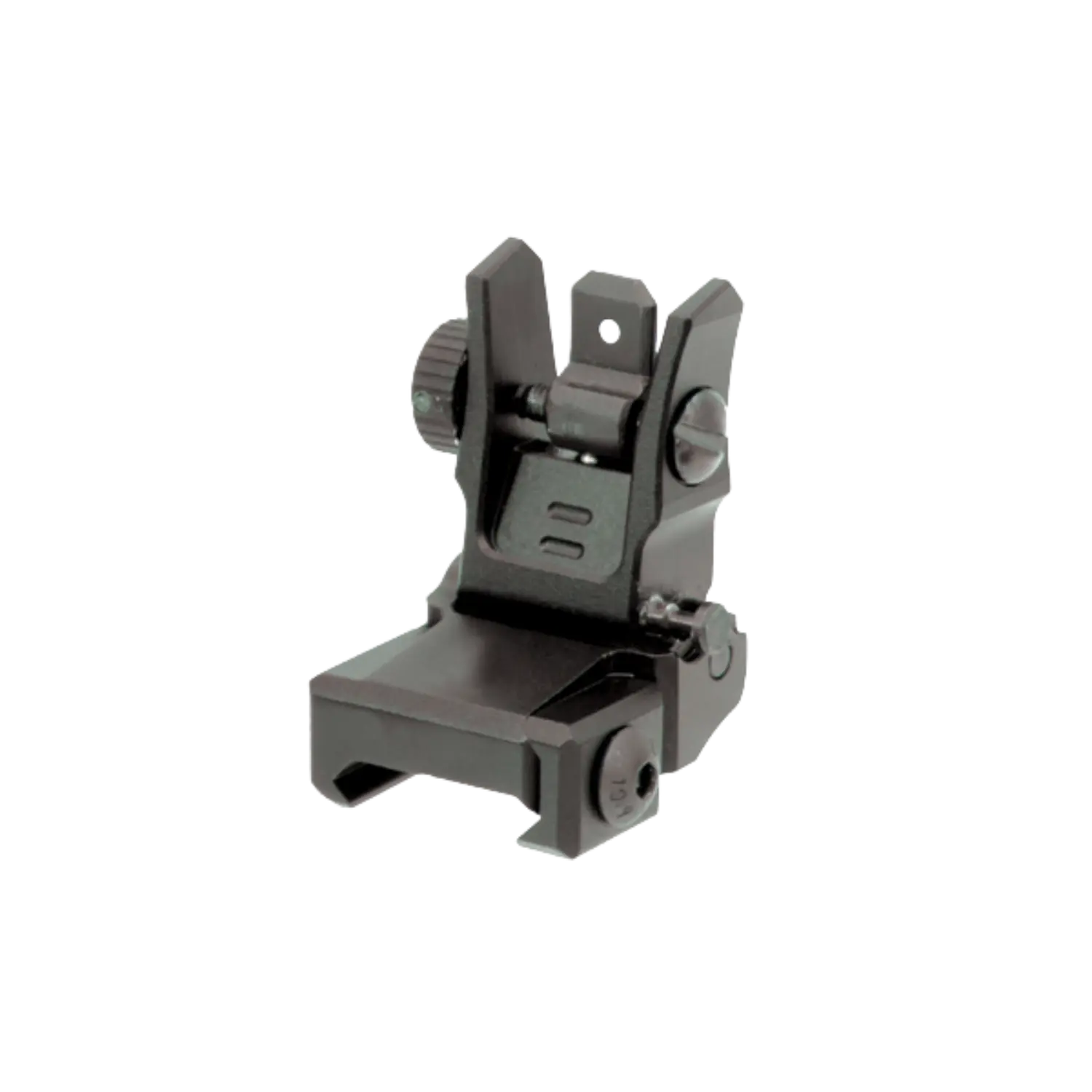 Schwarzes UTG Low Profile Flip-up Hintervisier mit Dual Aiming Aperture, klappbar, mit Einstellschrauben.