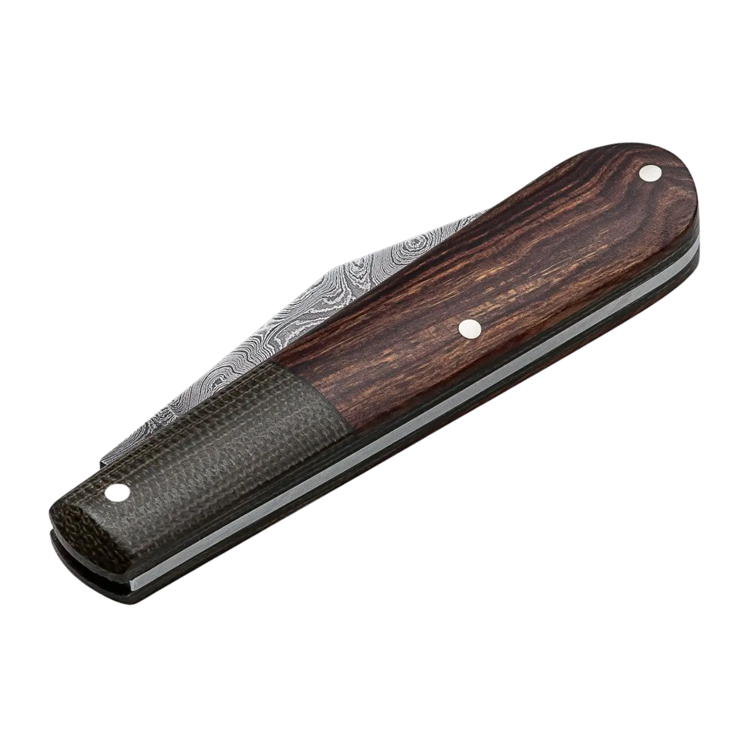 Geschlossenes Böker Barlow Integral Leopard-Damast Taschenmesser mit gemustertem Damaststahl, Holzgriff und dunklem Griffabschluss.