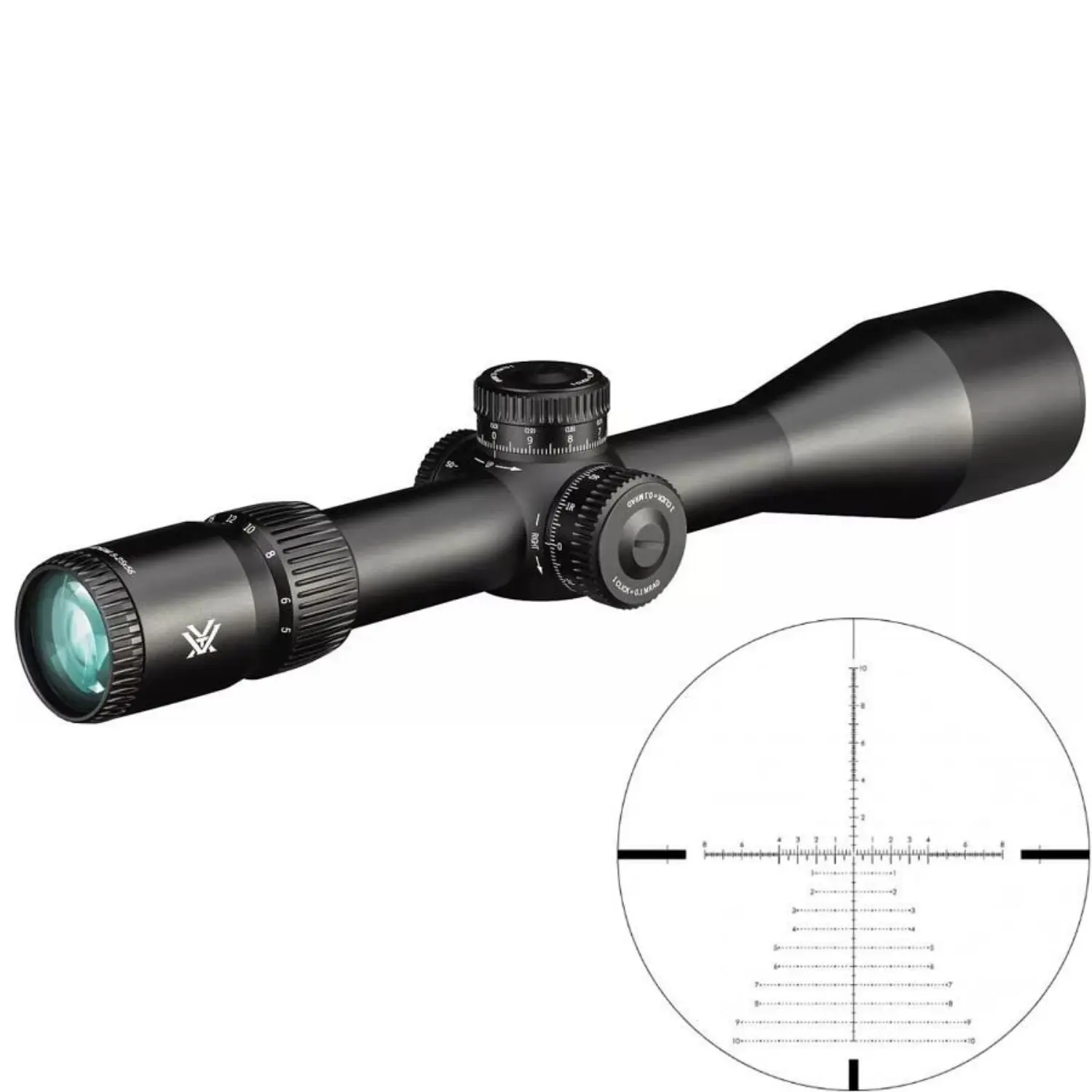 Schwarzes Zielfernrohr Vortex Venom 5-25x56 mit Einstelltürmen und beleuchtetem Absehen mit MRAD-Skala
