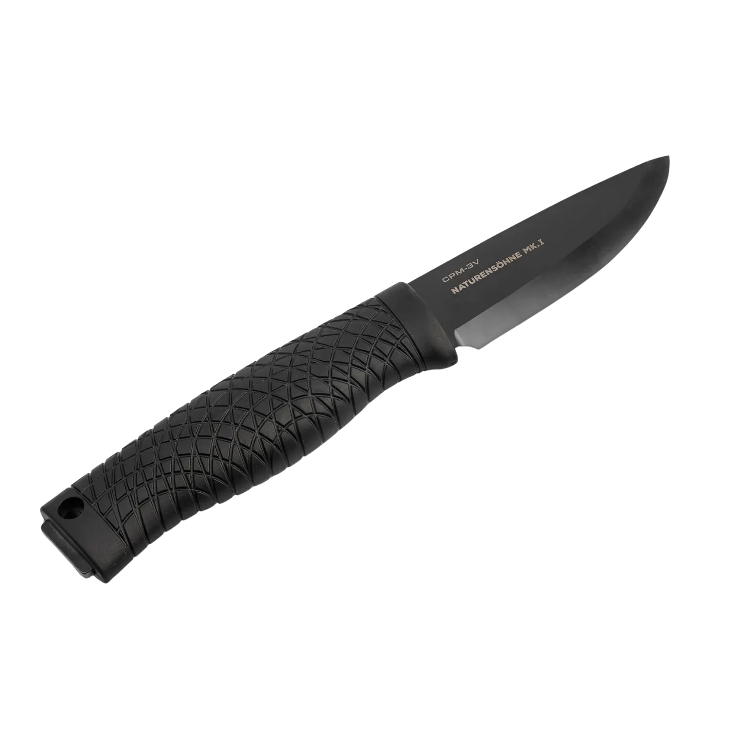 Feststehendes Messer Bronco Naturenshne MK1 mit schwarzer Klinge und strukturiertem Griff mit Loch am Griffende