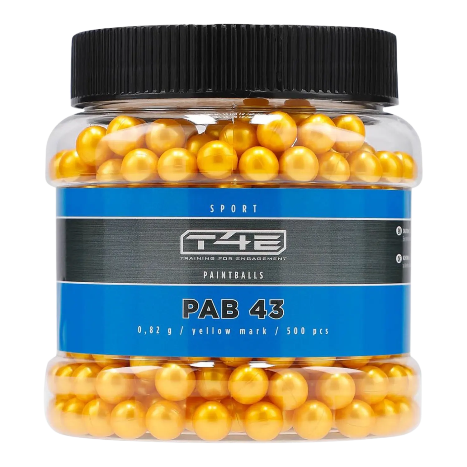 T4E Sport PAB 50 Farbkugeln 500 Schuss Kaliber .43 gelbe Paintballs in einem Schraubglas mit blau schwarzer Banderole im Kaliber 43