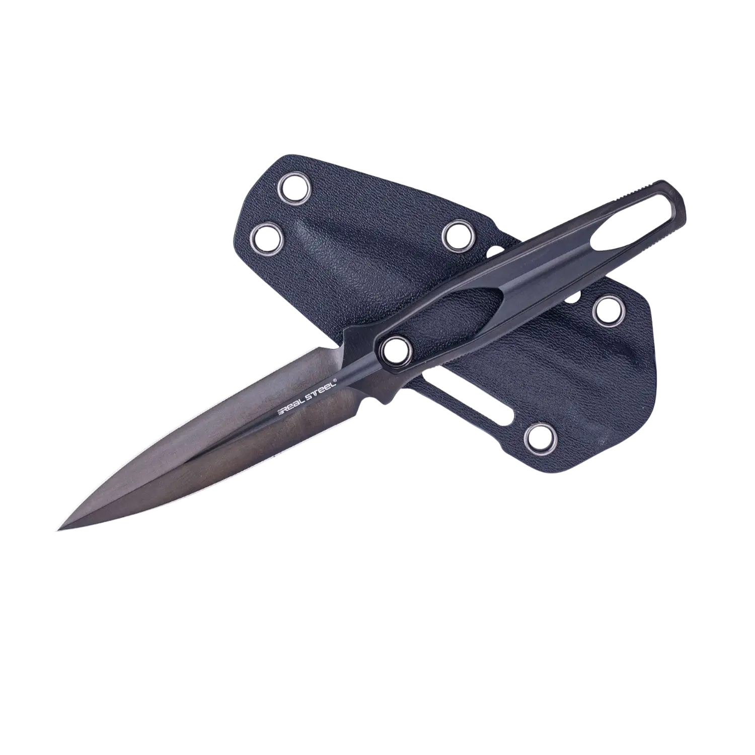 Dolch mit spitz zulaufender Klinge und durchgehendem Griff in mattem Schwarz mit passender schwarzer Scheide mit Ösen