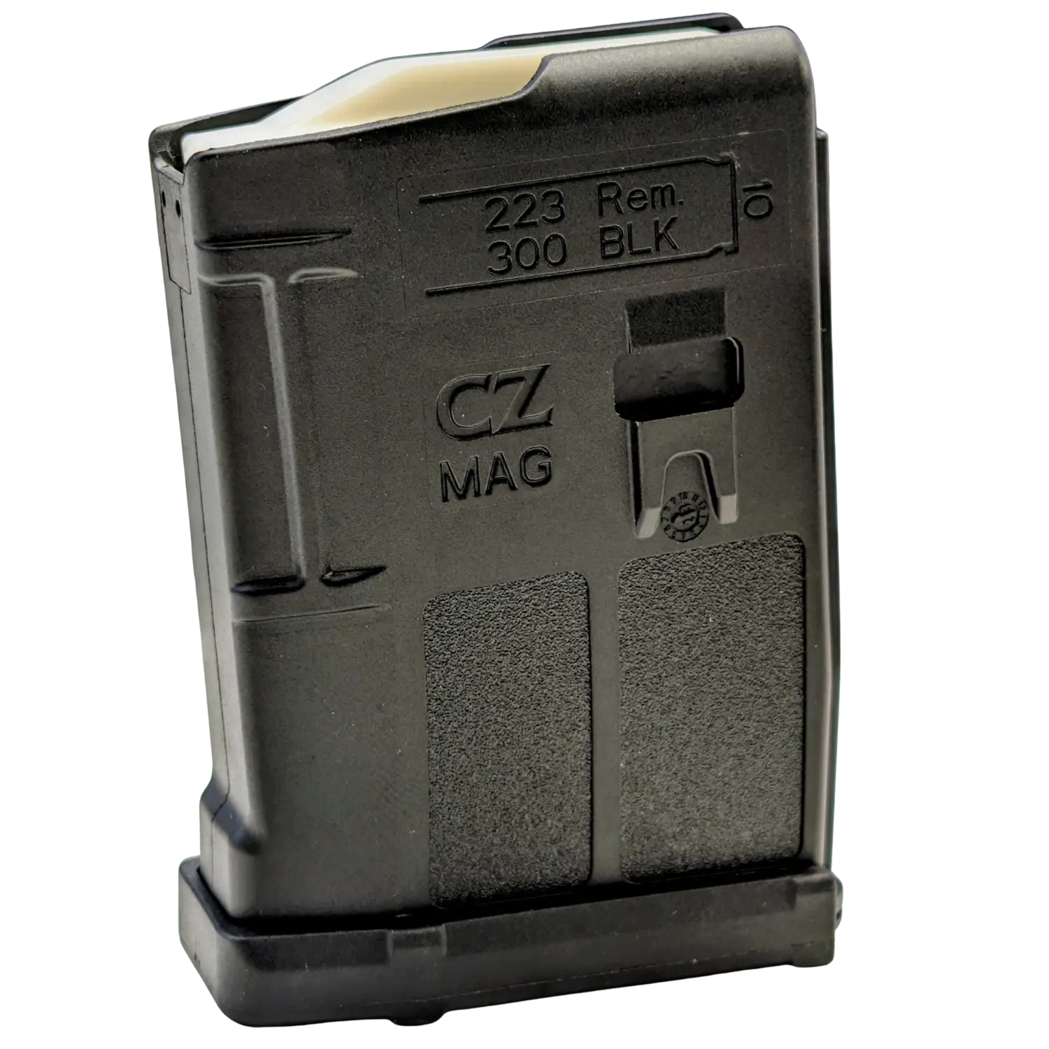 Schwarzes Magazin mit Prägung 'CZ MAG', Kaliberangaben '.223 Rem. 300 BLK'.