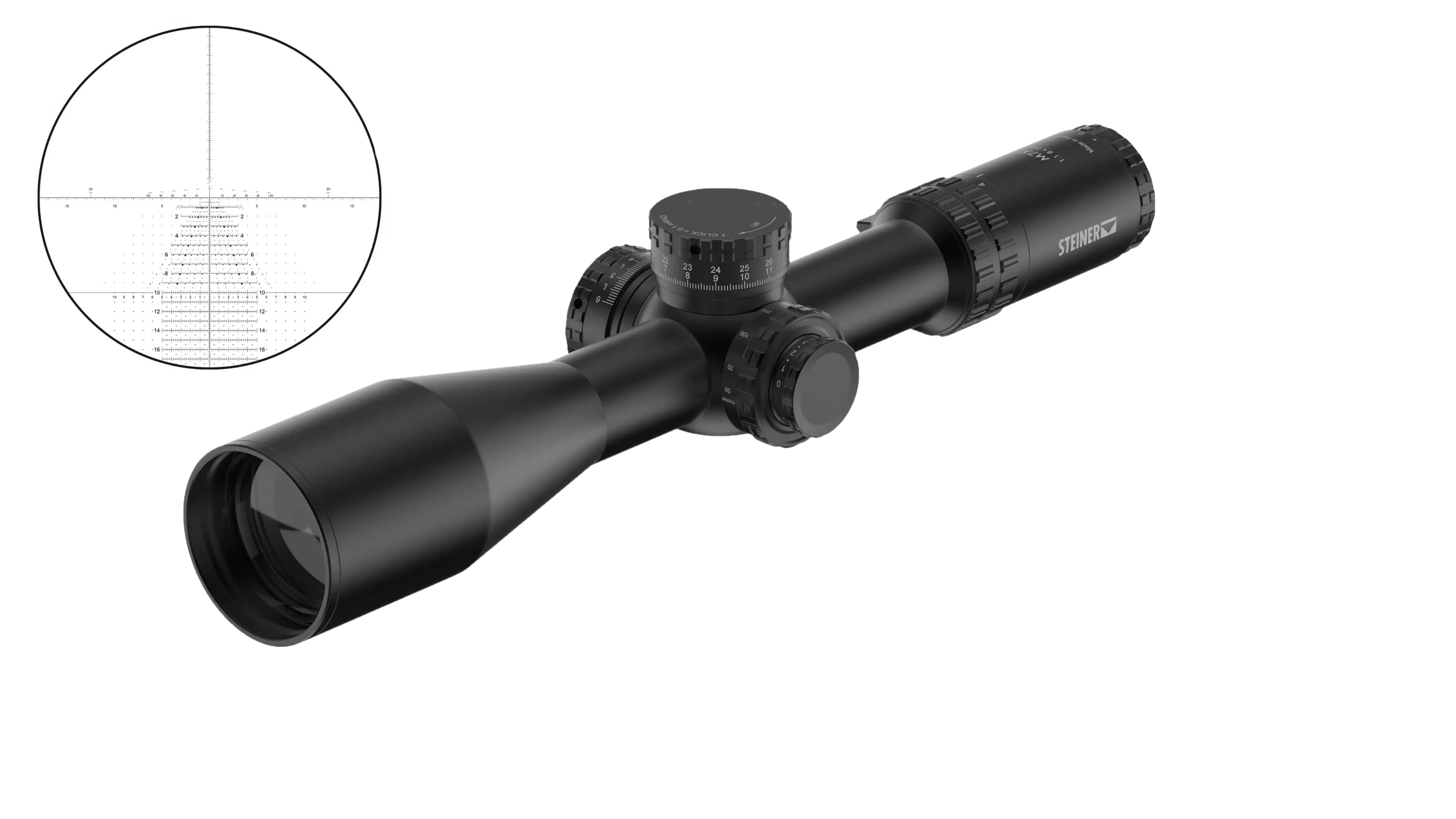 Steiner M7XI 4-28x56 Zielfernrohr TReMoR3 Schwarz gefärbtes Zielfernrohr mit einem langen, konischen Objektiv und mehreren Einstellrädern. Im oberen linken Bereich ist ein vergrößertes Abbild des Fadenkreuzes zu sehen.