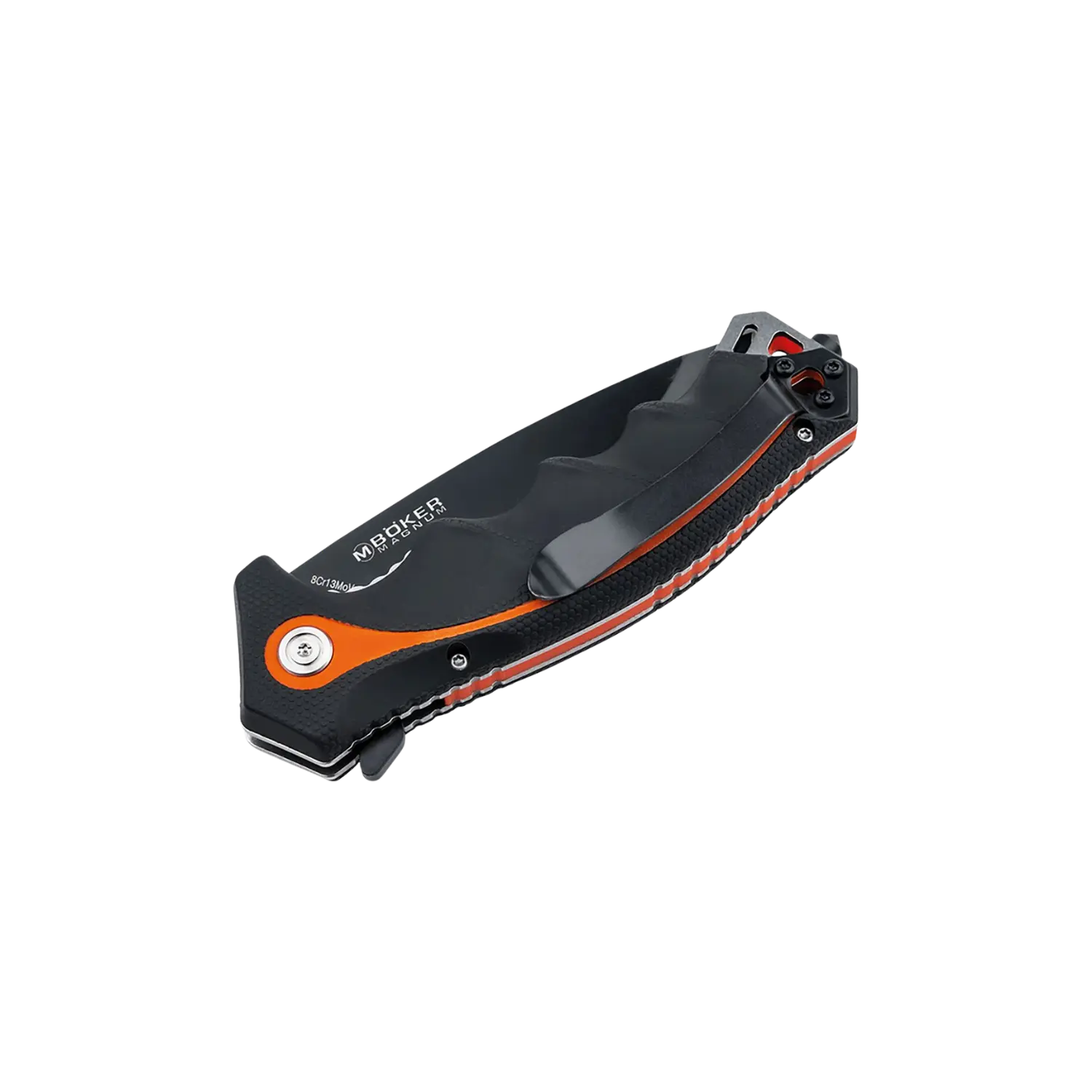 Klappmesser mit schwarzem Griff, orangefarbenem Akzent und Metallclip, Marke Boker