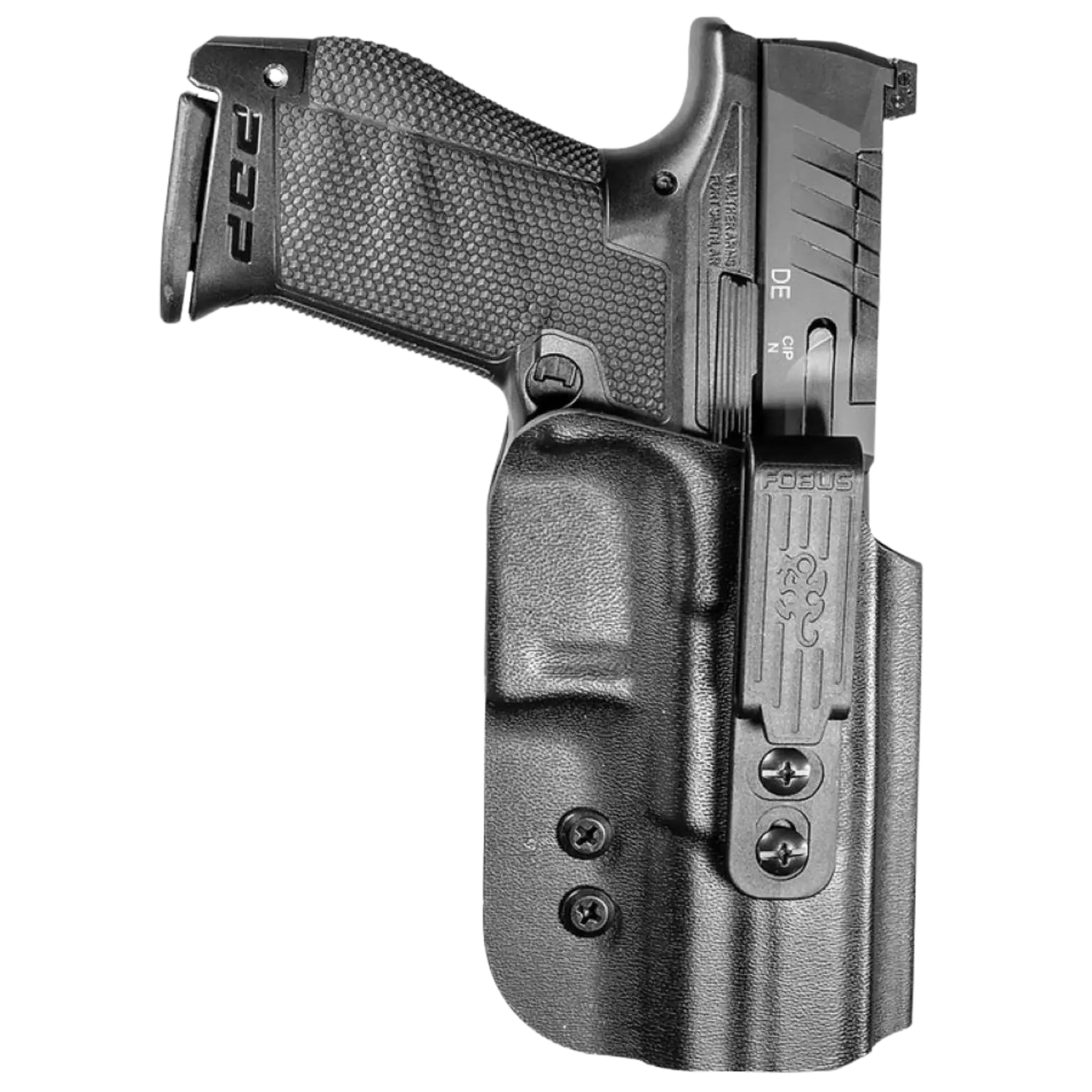 Schwares WPDP Holster in Frontansicht mit einer Waffe, die sicher in der Halterung platziert ist.