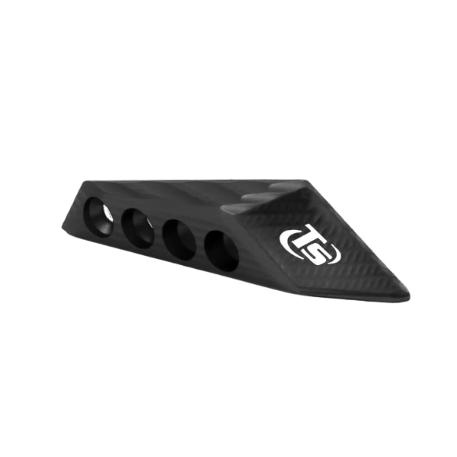 Toni System 3D Thumb Rest in verschiedenen Farben Toni System Daumenstütze in Schwarz, dreieckige Form mit vier Löchern und Logo 'TS' auf der Seite.