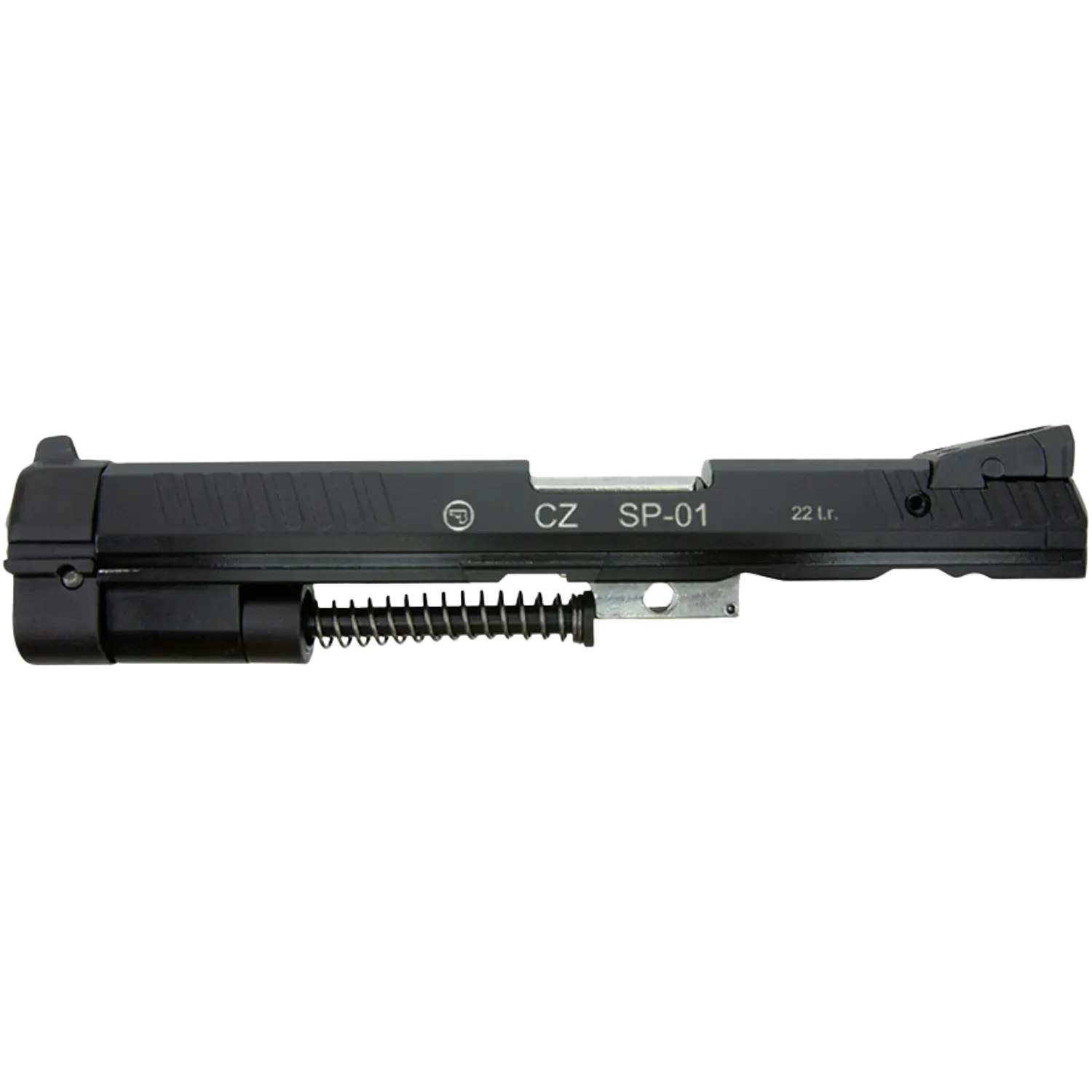 Schwarzes Wechselsystem für CZ Shadow SP-01 mit sichtbarem Federmechanismus und Aufschrift 'CZ SP-01 22 Lr.'