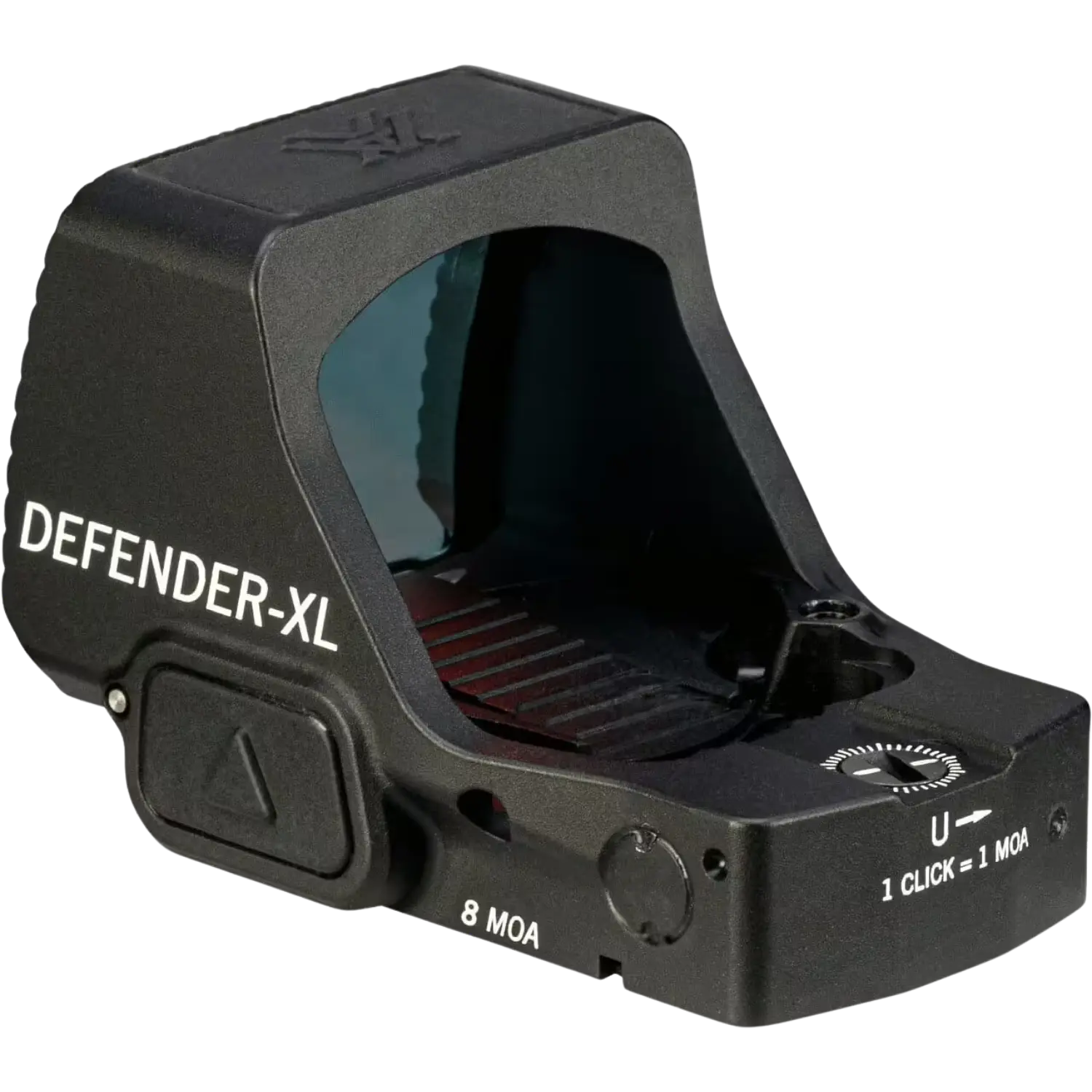 Schwarzes Vortex Defender-XL Reflexvisier mit 8 MOA Leuchtpunkt, Einstellrad mit Beschriftung '1 CLICK = 1 MOA' und seitlicher Taste.
