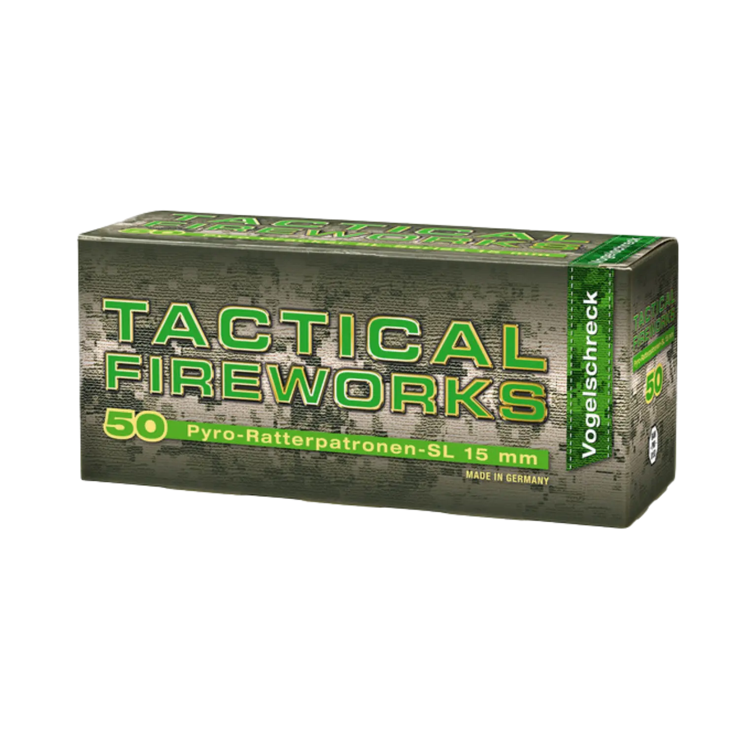 Rechteckige Verpackung mit grünem Tarnmuster, Aufschrift 'TACTICAL FIREWORKS', '50 Pyro-Ratterpatronen-SL 15 mm', 'Vogelschreck', 'Made in Germany'.