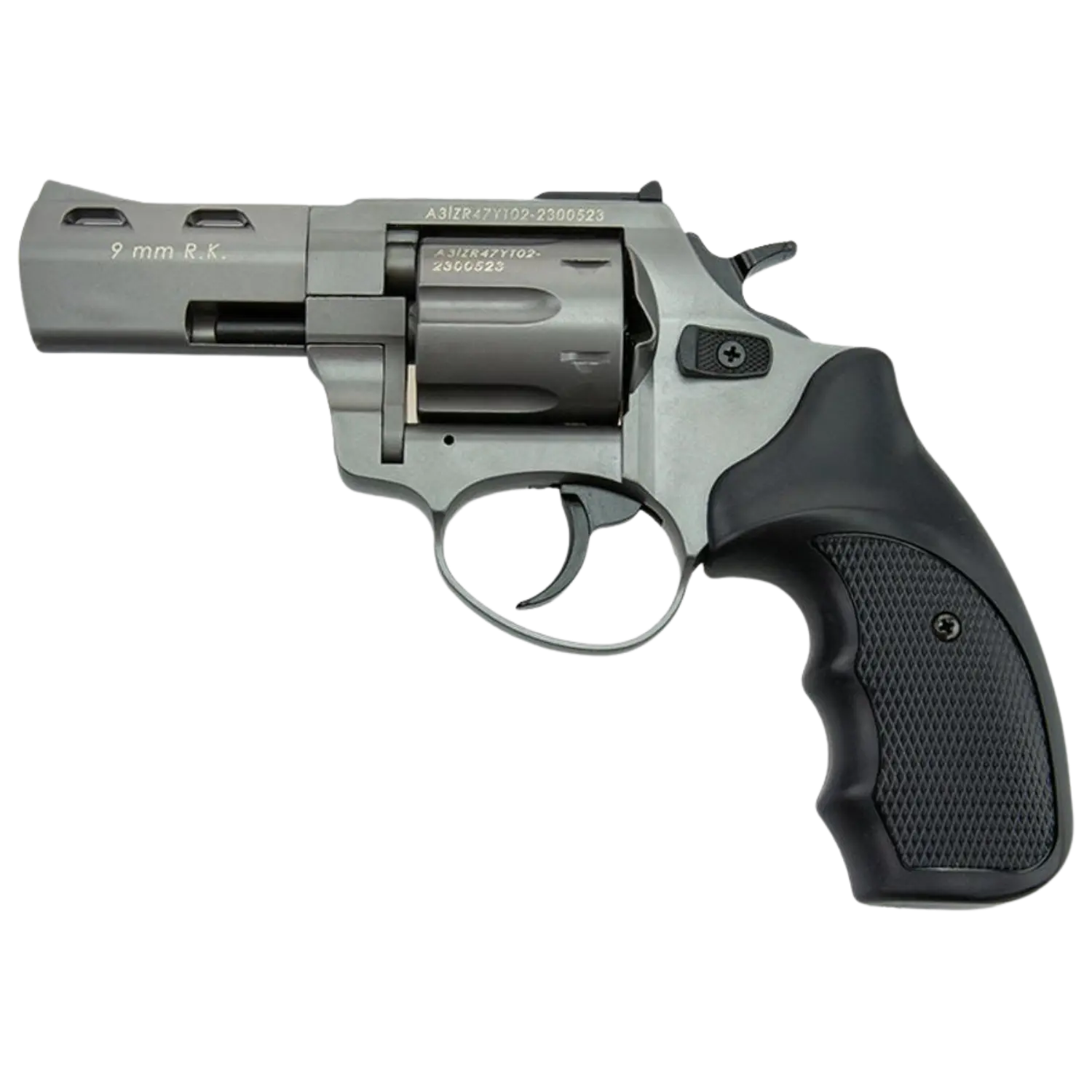 Zoraki R2 Schreckschusswaffe in Titanoptik, Revolver mit schwarzem Griff, 9 mm R.K. auf Lauf graviert