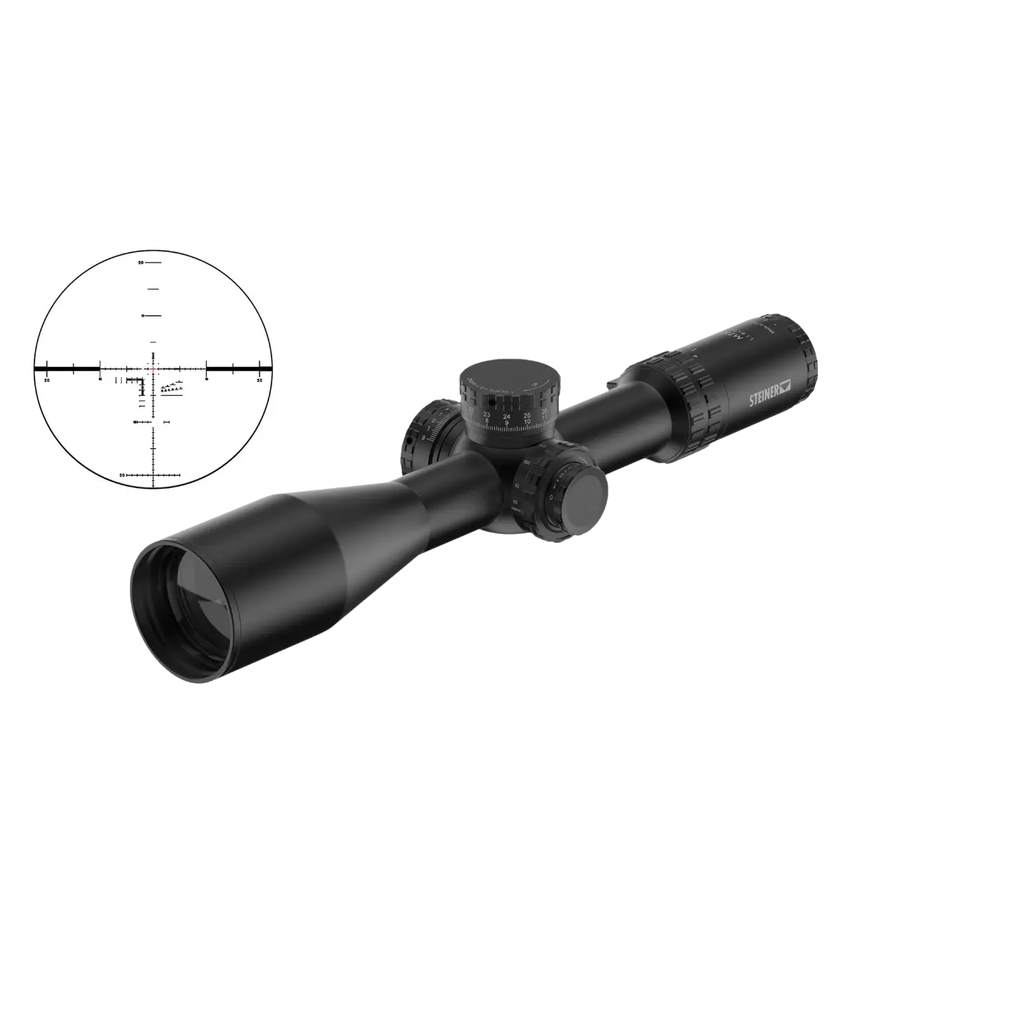 Steiner M7XI 4-28x56 Zielfernrohr MSR-2 Schwarz gefärbtes Zielfernrohr mit einem langen, konischen Objektiv und mehreren Einstellrädern. Im linken oberen Bereich ist ein Absehen mit Fadenkreuz abgebildet.