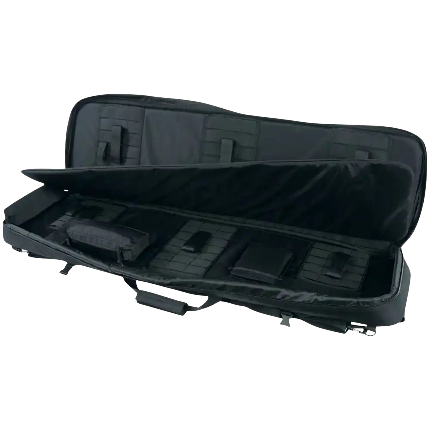 Schwarze Gewehrtasche mit offenem Reißverschluss, Innenraum mit mehreren Fächern und Klettverschlüssen für Zubehör.