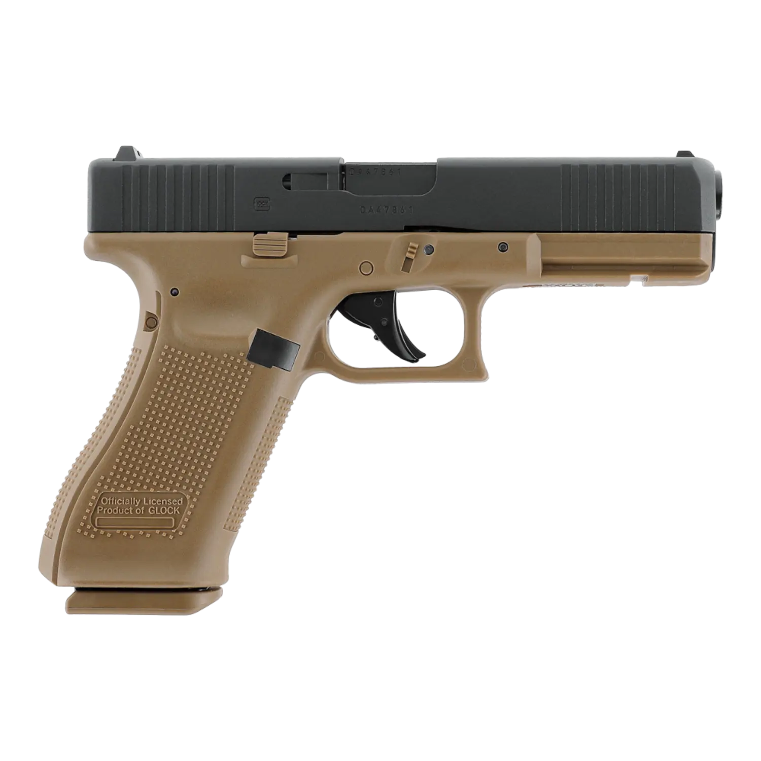 CO2-Pistole in Schwarz und Braun mit markanter Griffstruktur und Abzug, Seitenansicht rechts.