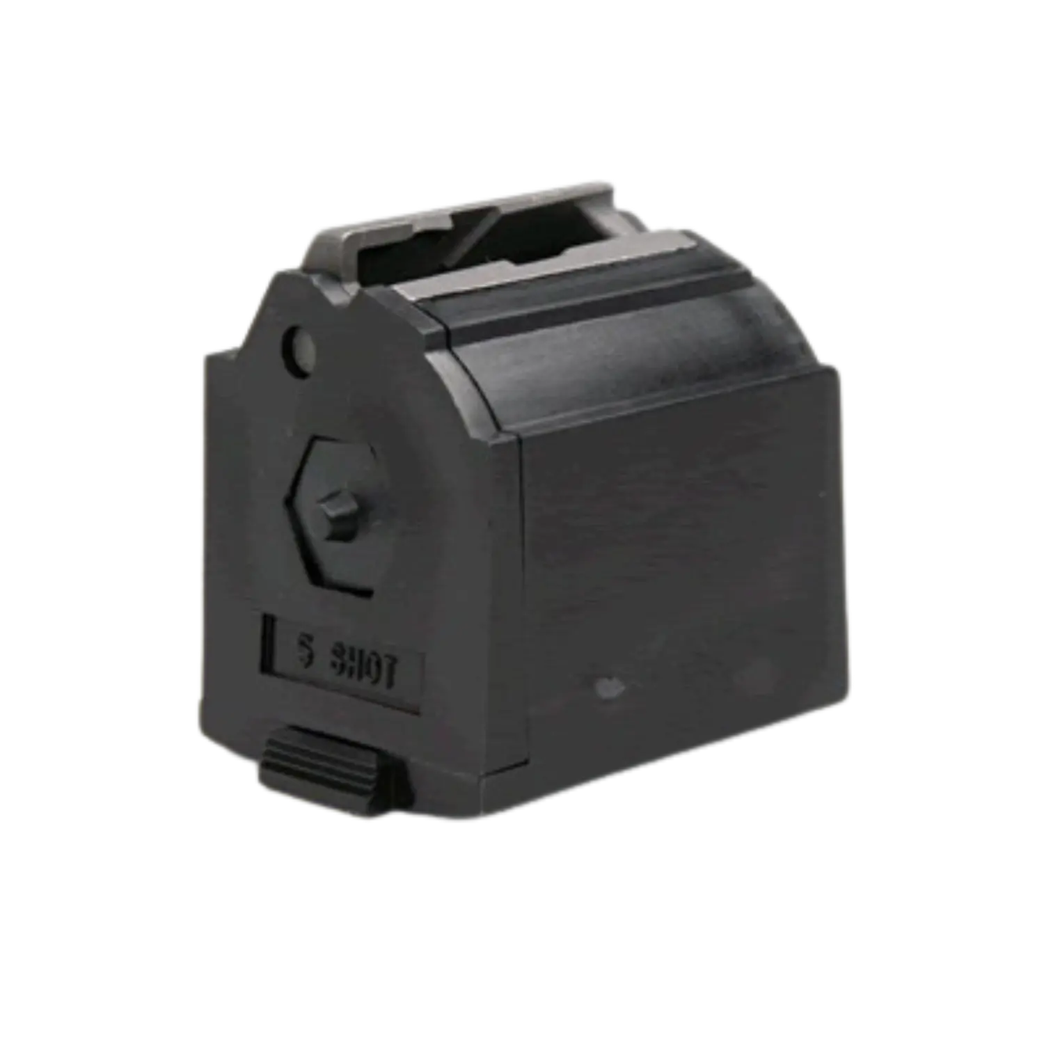 Schwarzes Magazin für Ruger 10/22 Gewehr, fasst fünf .22lr Patronen, kompakte rechteckige Form mit sichtbarer Prägung '5 SHOT'.