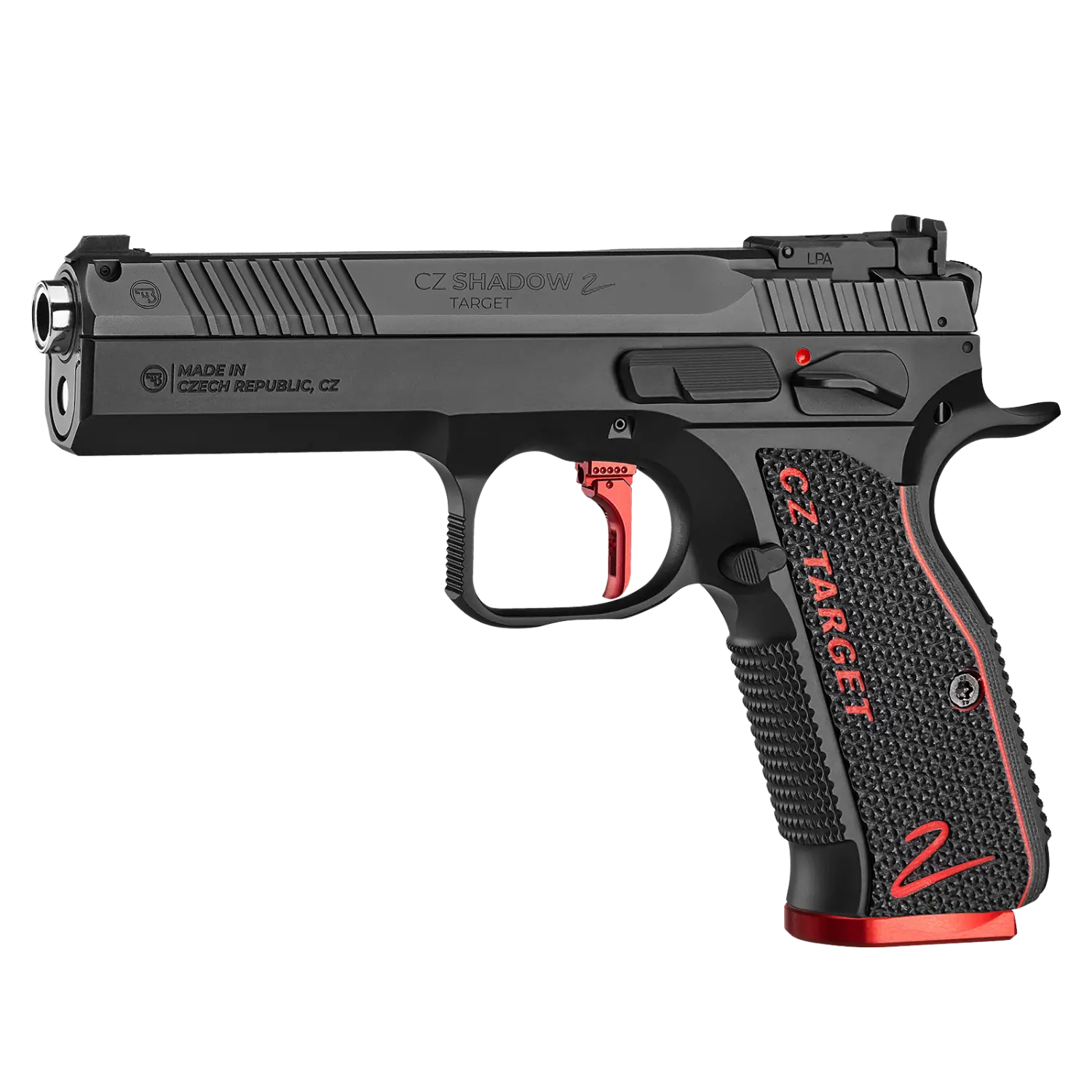 Schwarz-roter CZ Shadow 2 Target, halbautomatische Pistole mit einer geriffelten Griffoberfläche und rotem Abzugsbügel. Auf der linken Seite steht 'CZ TARGET'.