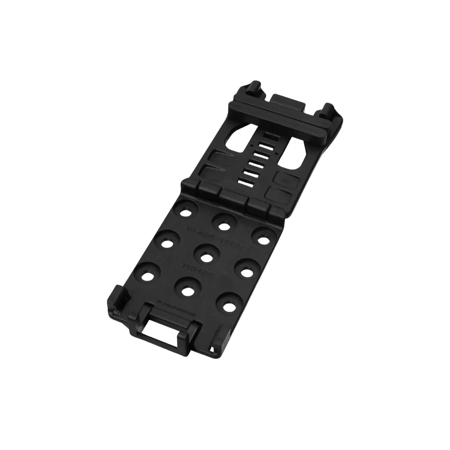 Bladetech Tek-Lok Tragesystem aus schwarzem Kunststoff mit verstellbarem Clip und Rillen für sicheren Halt