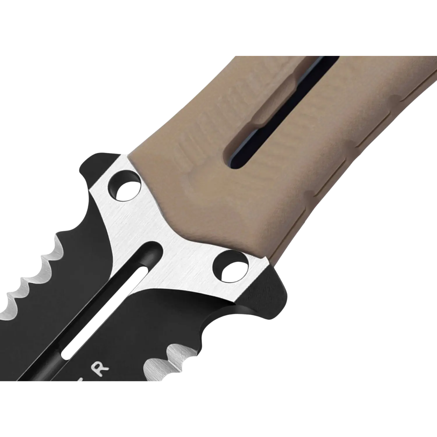 Nahaufnahme eines Messers mit braunem Griff und schwarzer Klinge, die teilweise gezahnt ist. Am Übergang Griff-Klinge ist eine silberne Metallplatte mit zwei Schrauben sichtbar.