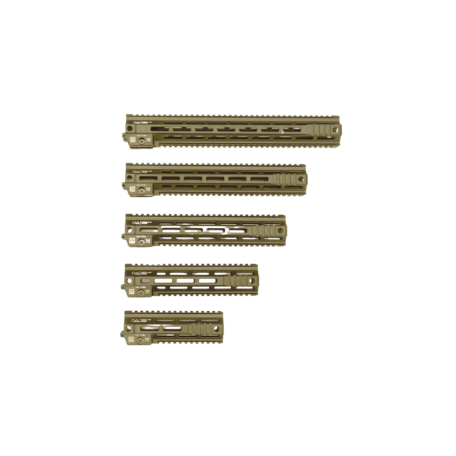 Fünf OA Modular Duty Rail Handschützer in Coyote-Farbe, M-LOK/Picatinny, in verschiedenen Längen nebeneinander angeordnet.