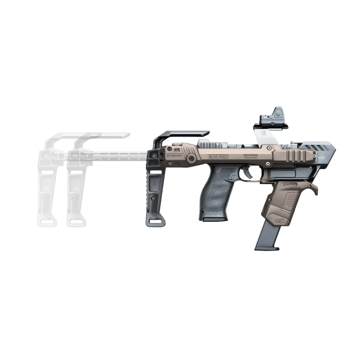 Walther PDP mit Recover Tactical S-PRO Compact Stabilizer in Tan mit ausfahrbarem Schaft und montiertem Rotpunktvisier.