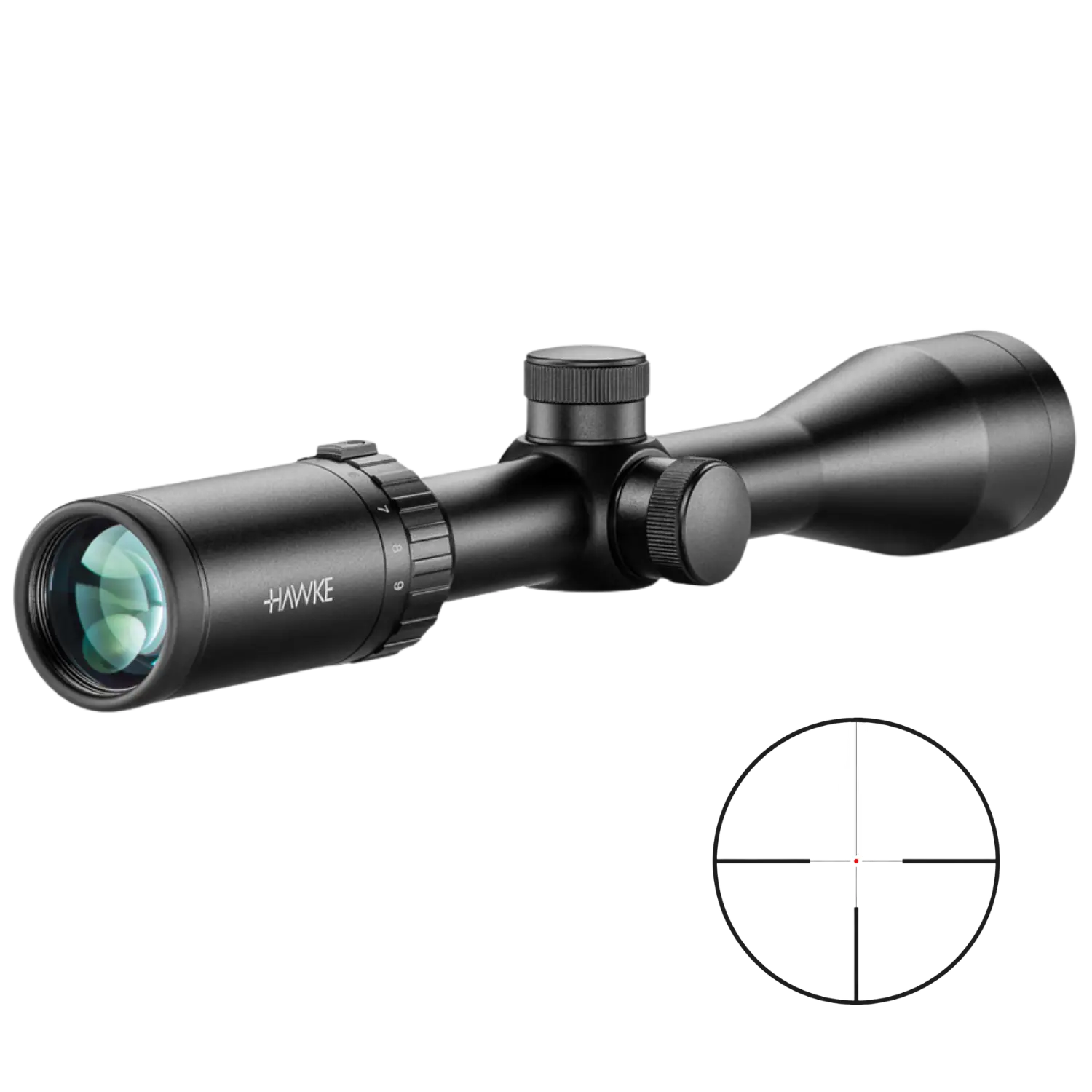 Schwarzes Zielfernrohr mit verstellbaren Einstellrädern und sichtbarem Markennamen 'HAWKE'.