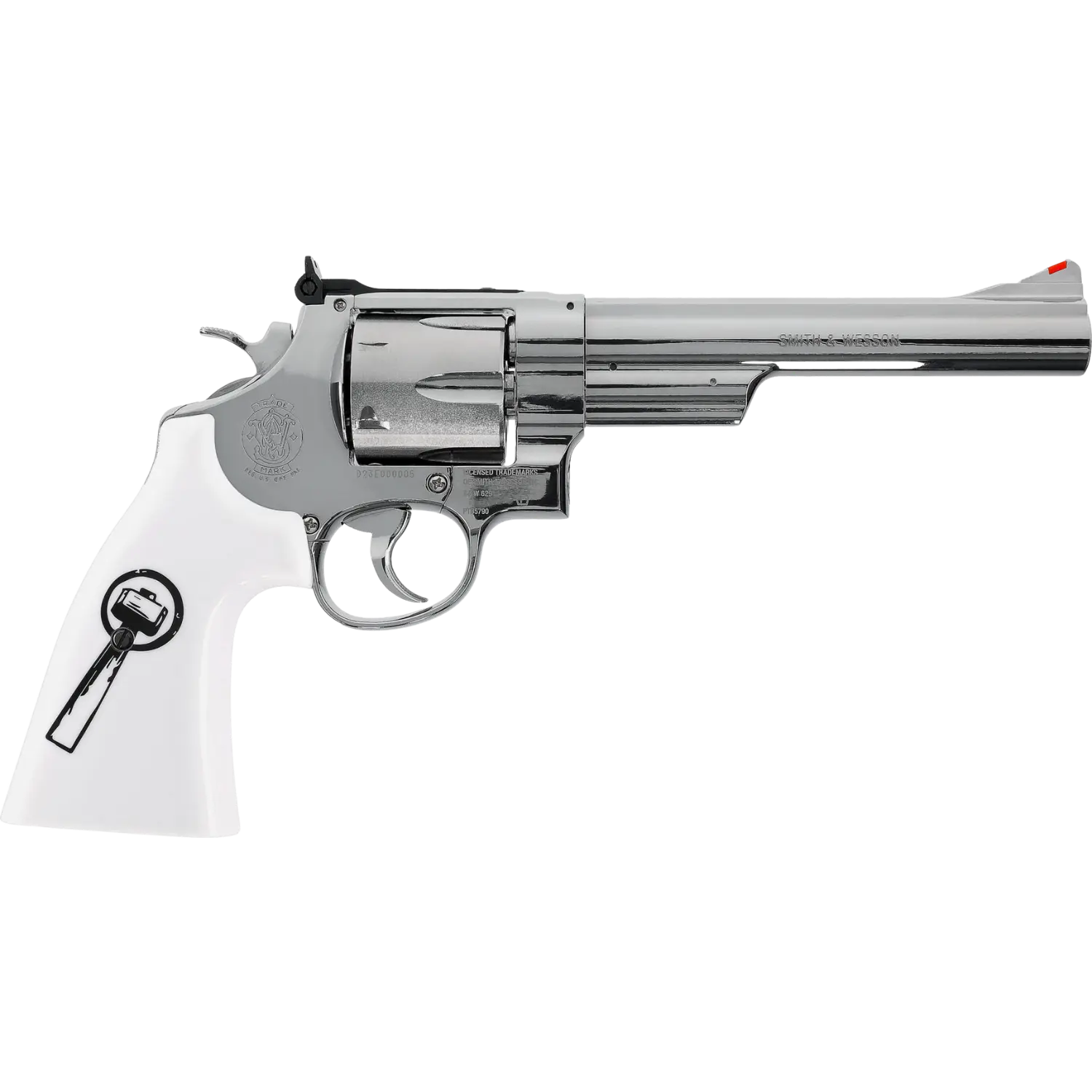 Luftdruckrevolver 4,5 mm mit silbernem Lauf und weißem Griff, auf dem ein schwarzes Flaschenöffner-Symbol abgebildet ist.