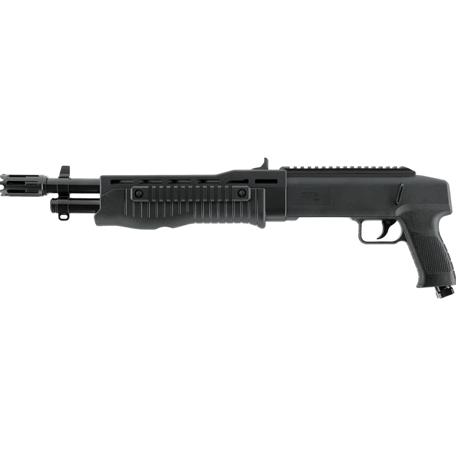 T4E TB 68 Gen2 Tactical Blaster CO2 T4E TB68 Gen2 von RAM Waffe, schwarzes Gewehr mit ergonomischem Griff, Picatinny-Schiene und einem Lauf mit Mündungsbremse.