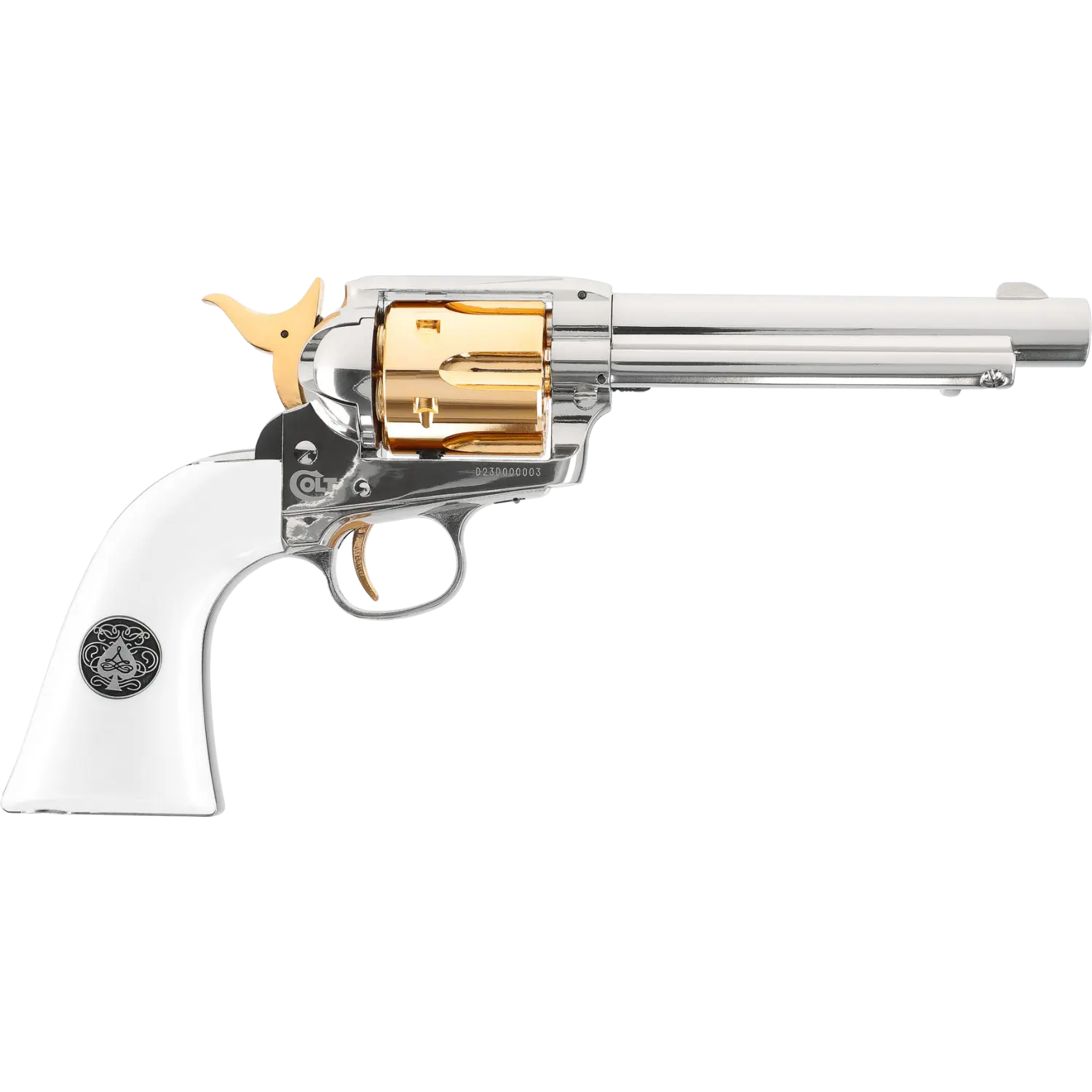 CO2-Revolver mit silbernem Lauf, goldenem Trommelzylinder und weißem Griff mit schwarzem Pik-Ass-Emblem.