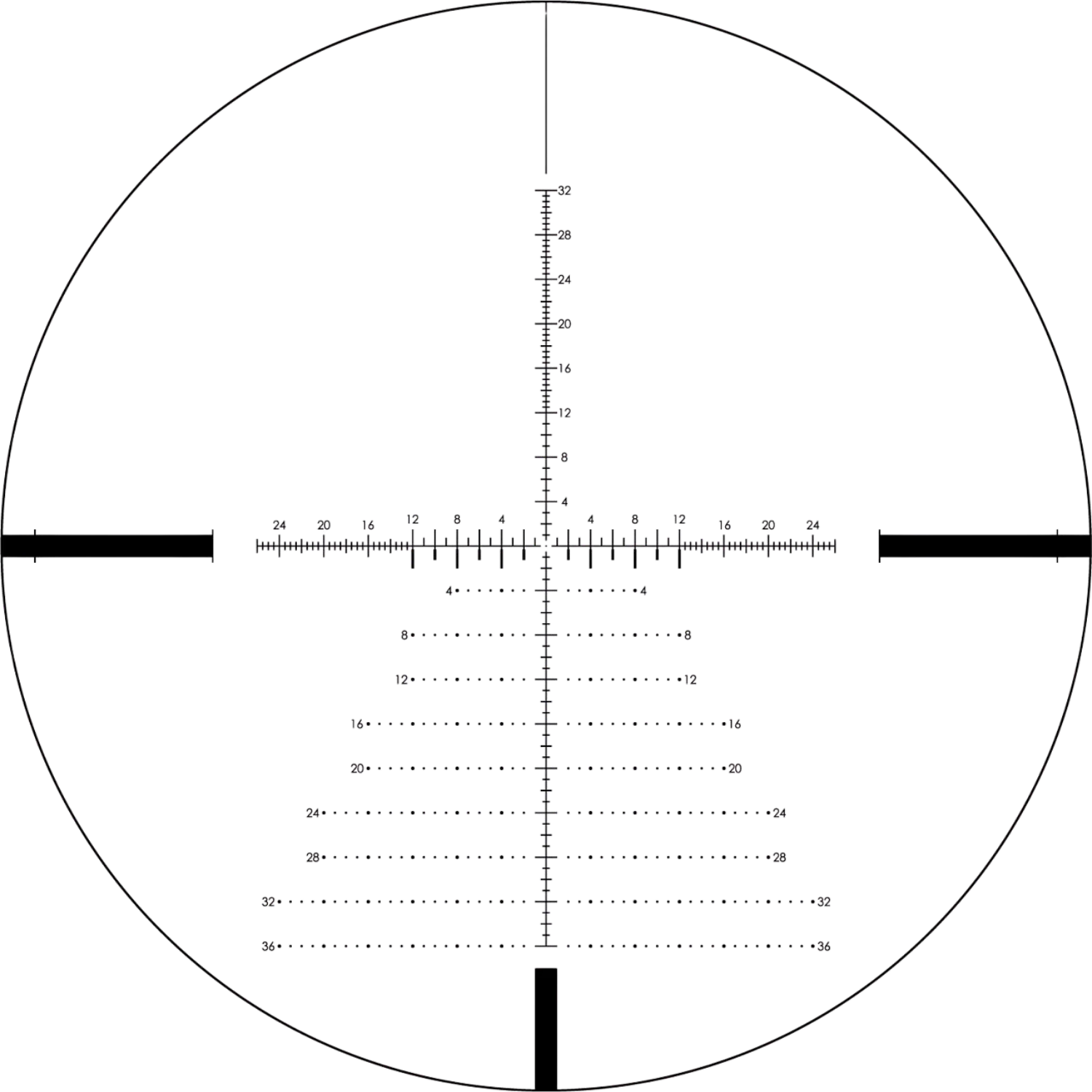 Schwarz-weiße Absehen-Darstellung mit horizontalen und vertikalen Skalen, Markierungen und Beschriftungen zur Entfernungsmessung.