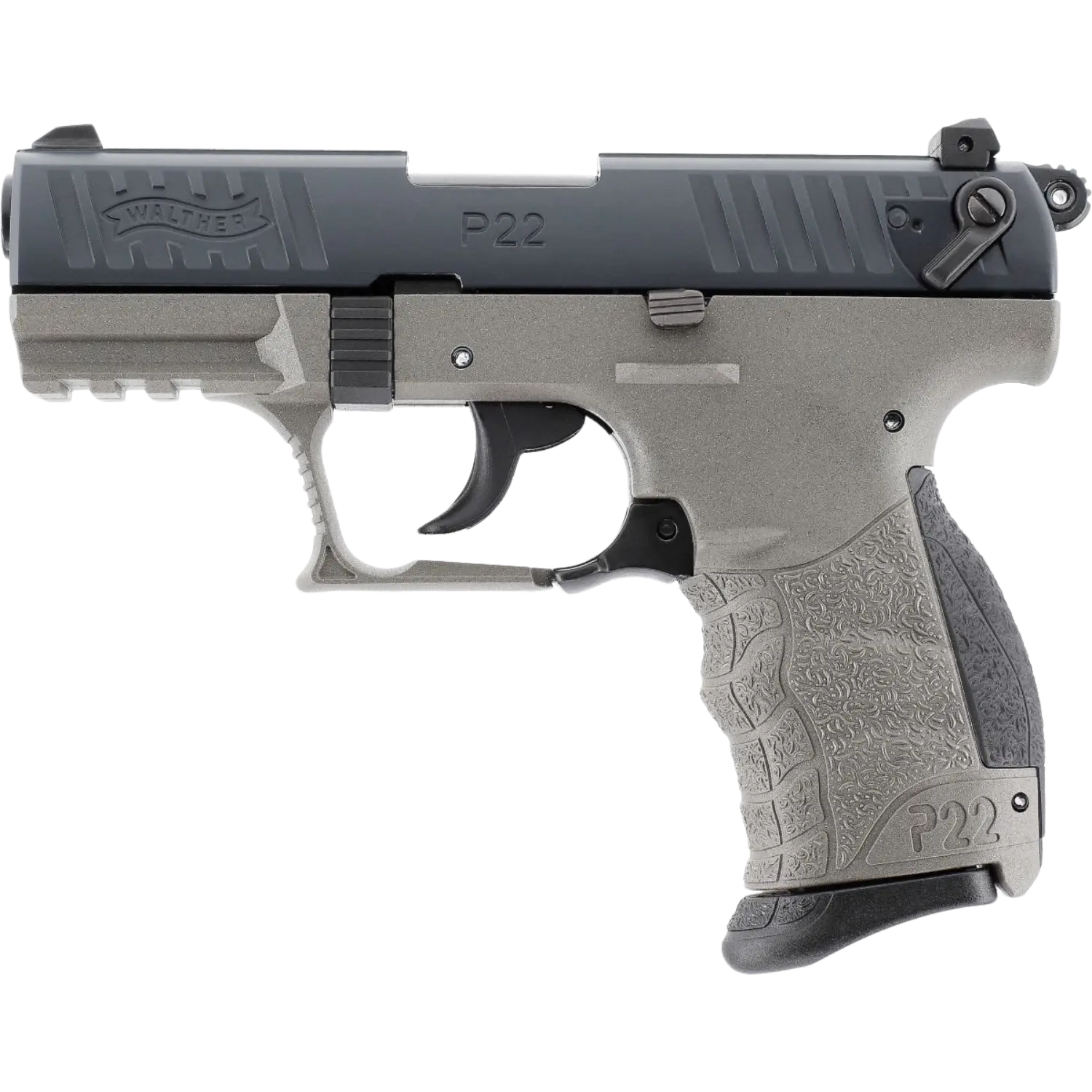 Walther P22Q Schreckschusswaffe in Meteor Grey, kompakte Form, mit schwarzem Oberteil und grauem Griff, sichtbare Griffmusterung.