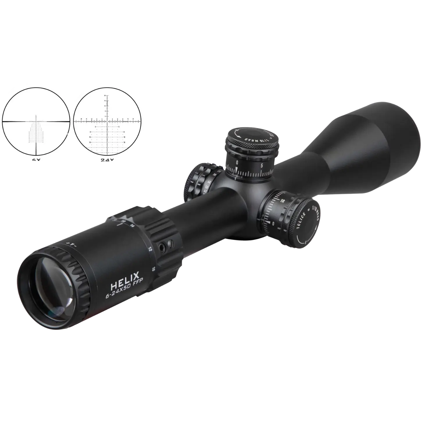 Schwarzes Zielfernrohr mit Einstelltürmen und zwei kleinen Kreisen mit unterschiedlichen Fadenkreuzdarstellungen.