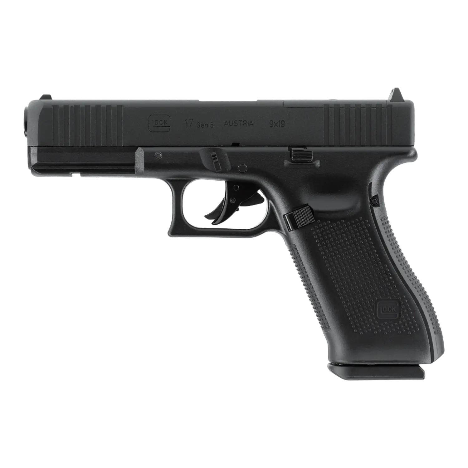 Schwarze CO2-Pistole mit geriffeltem Griff, Abzug und Visier, Seitenansicht rechts