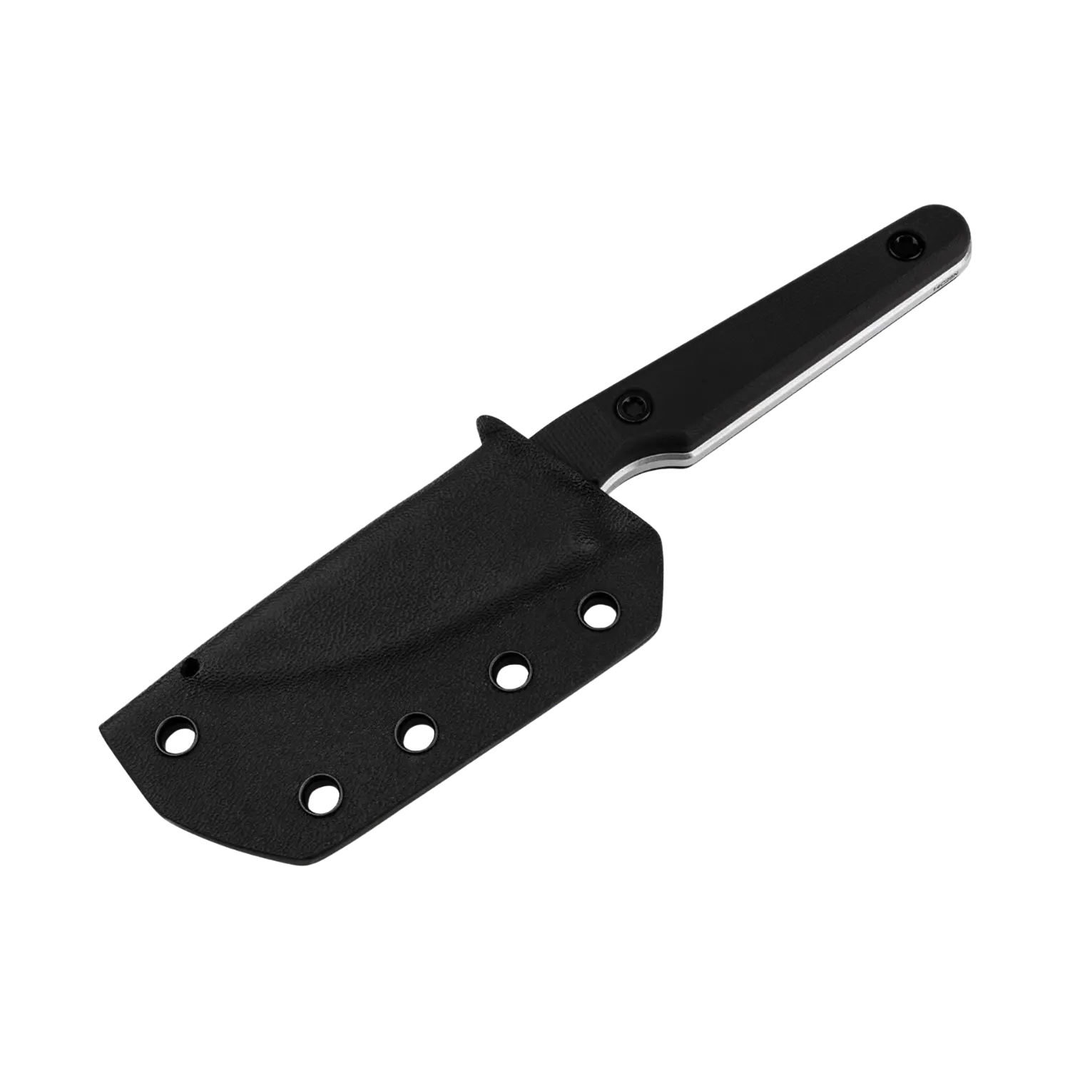 Feststehendes Messer mit schwarzem Griff und schwarzer Scheide mit mehreren Nieten