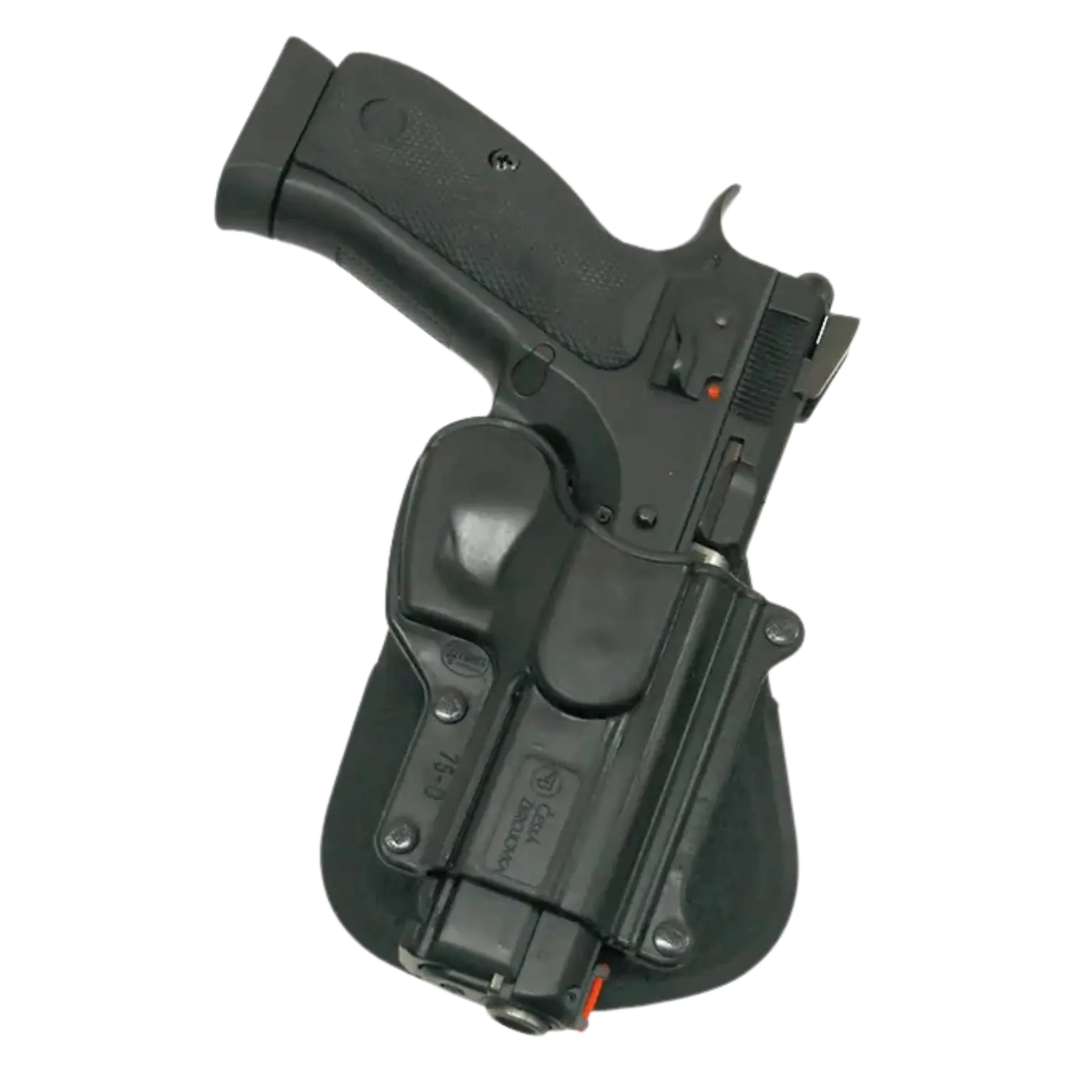 Fobus Standard Paddle Holster CZ 75D RT Schwarze Pistole in schwarzem Forbus Paddle Holster aus Kunststoff, Holster mit sichtbaren Schrauben und Halterung.