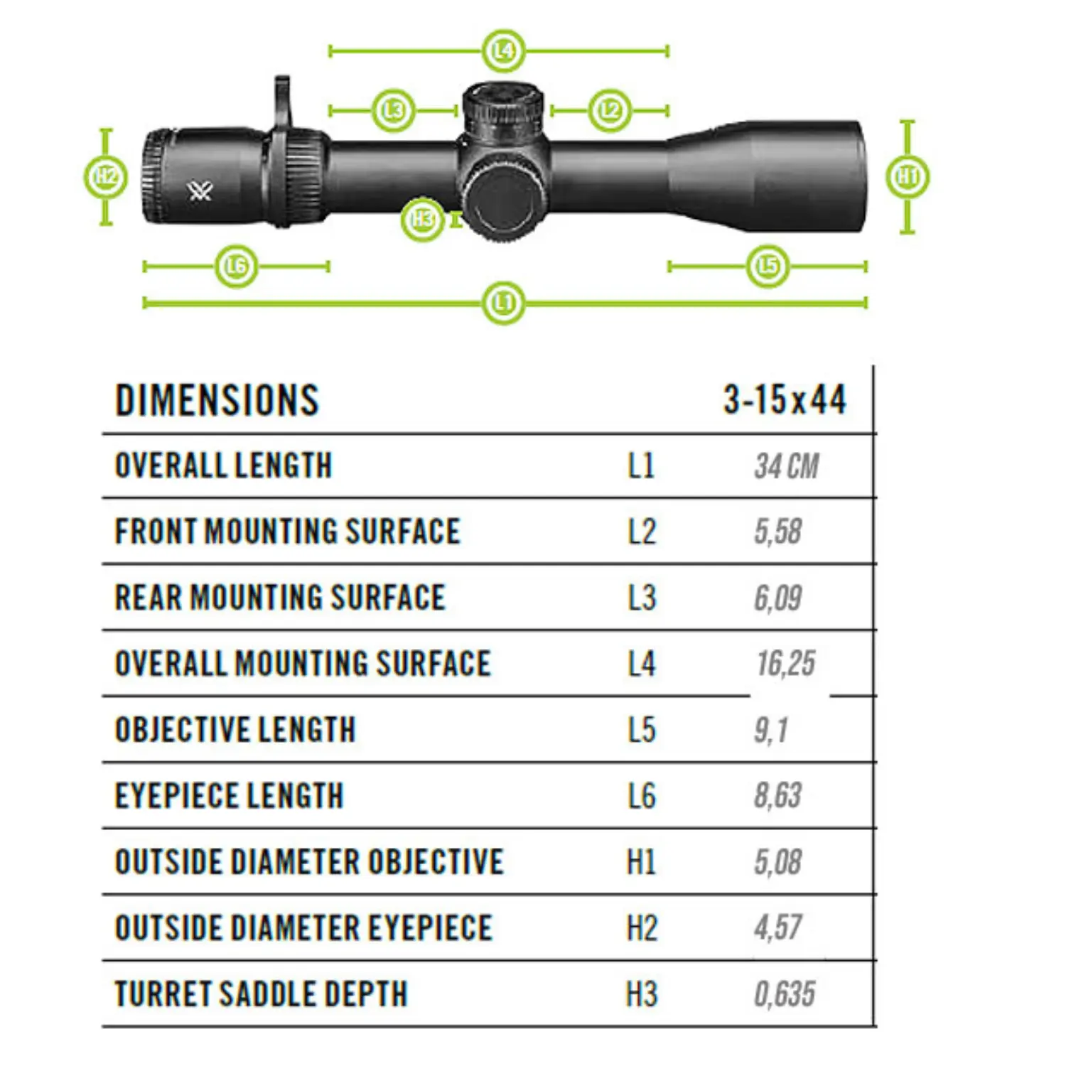 Vortex Venom 3-15x44: Übersicht mit technischen Abmessungen und Maßstab für präzise Anwendung.
