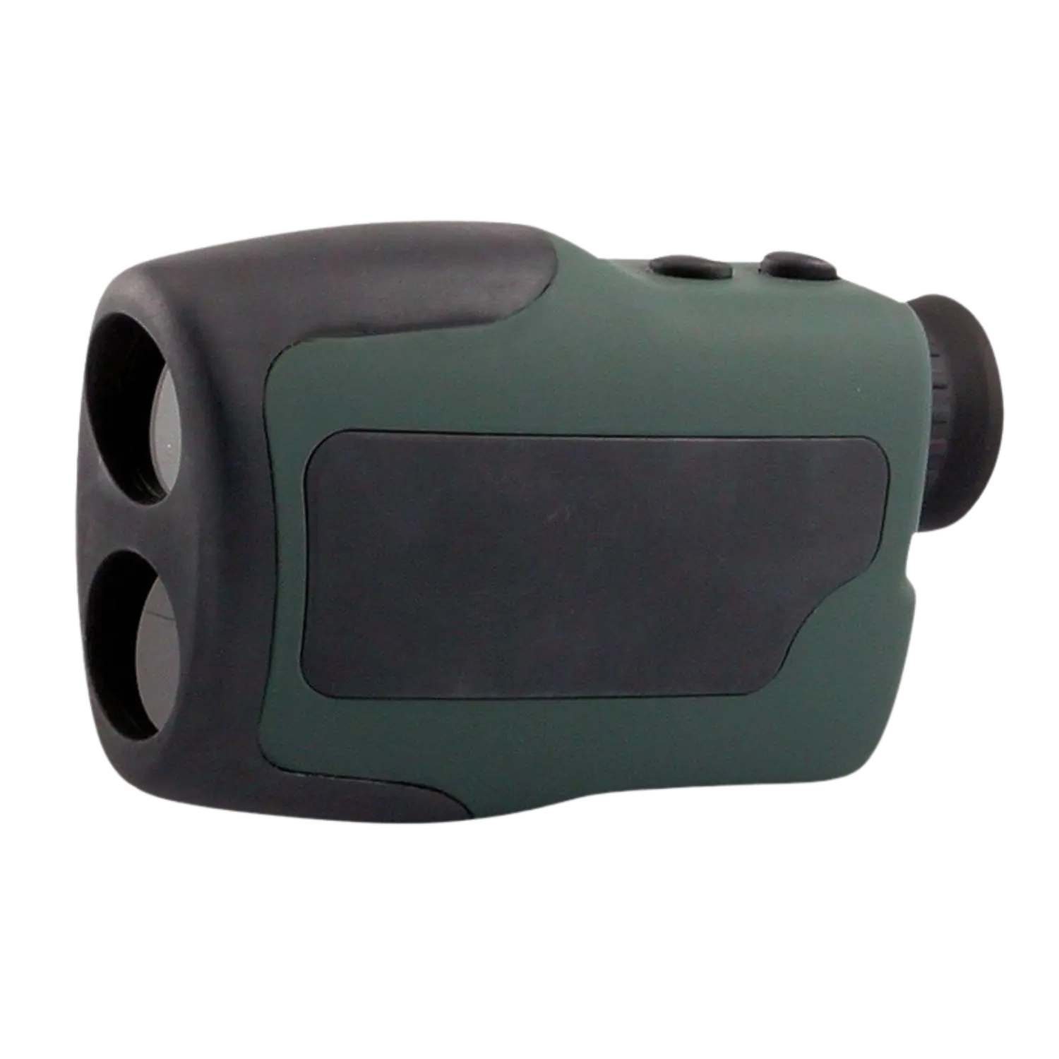 Grün-schwarzer Entfernungsmesser mit zwei Objektivöffnungen vorne und zwei Tasten oben, seitliche Gummierung