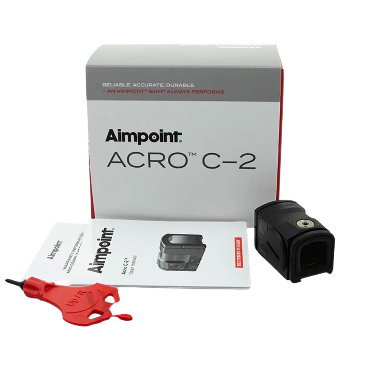Aimpoint Acro C-2 Rotpunktvisier mit Bedienungsanleitung, rotem Werkzeug und Verpackung mit Produktname und Slogan.