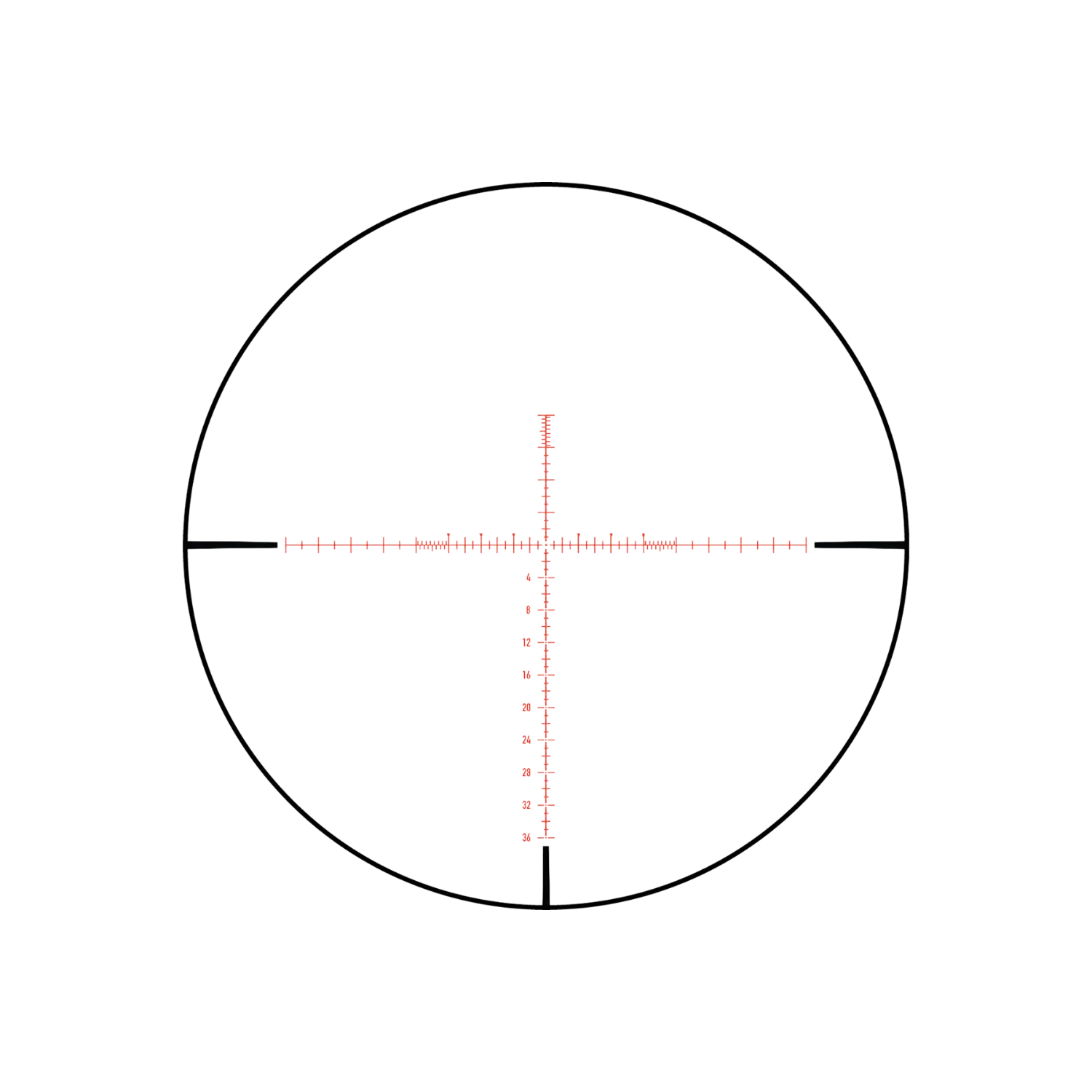 Kreisförmiges Fadenkreuz mit roten Markierungen, das in der Mitte einen vertikalen und horizontalen Strich zeigt, sowie Zahlen von 0 bis 30.
