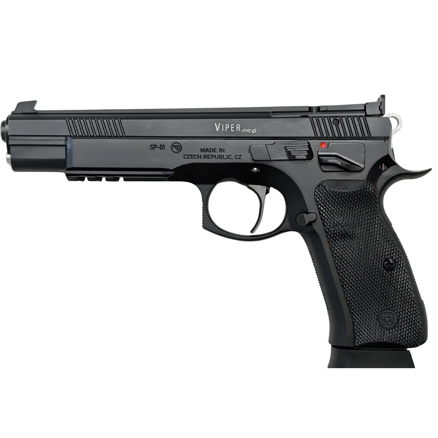 Pro Tuning CZ Shadow Viper 6" Optics Ready Schwarze Pistole nach links zeigend mit silbernem Abzug und als 6 Zoll Version