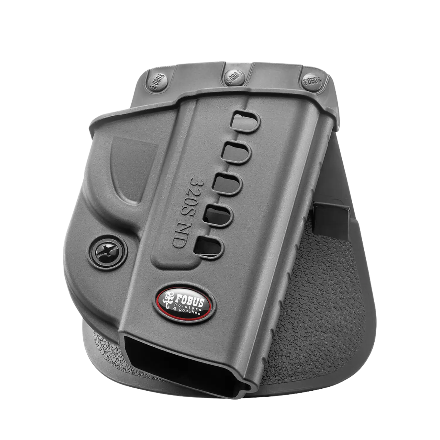 Schwarzes Forbus Holster Modell 320S ND aus Kunststoff mit sichtbarem Logo und mehreren Befestigungslöchern, Vorderansicht.