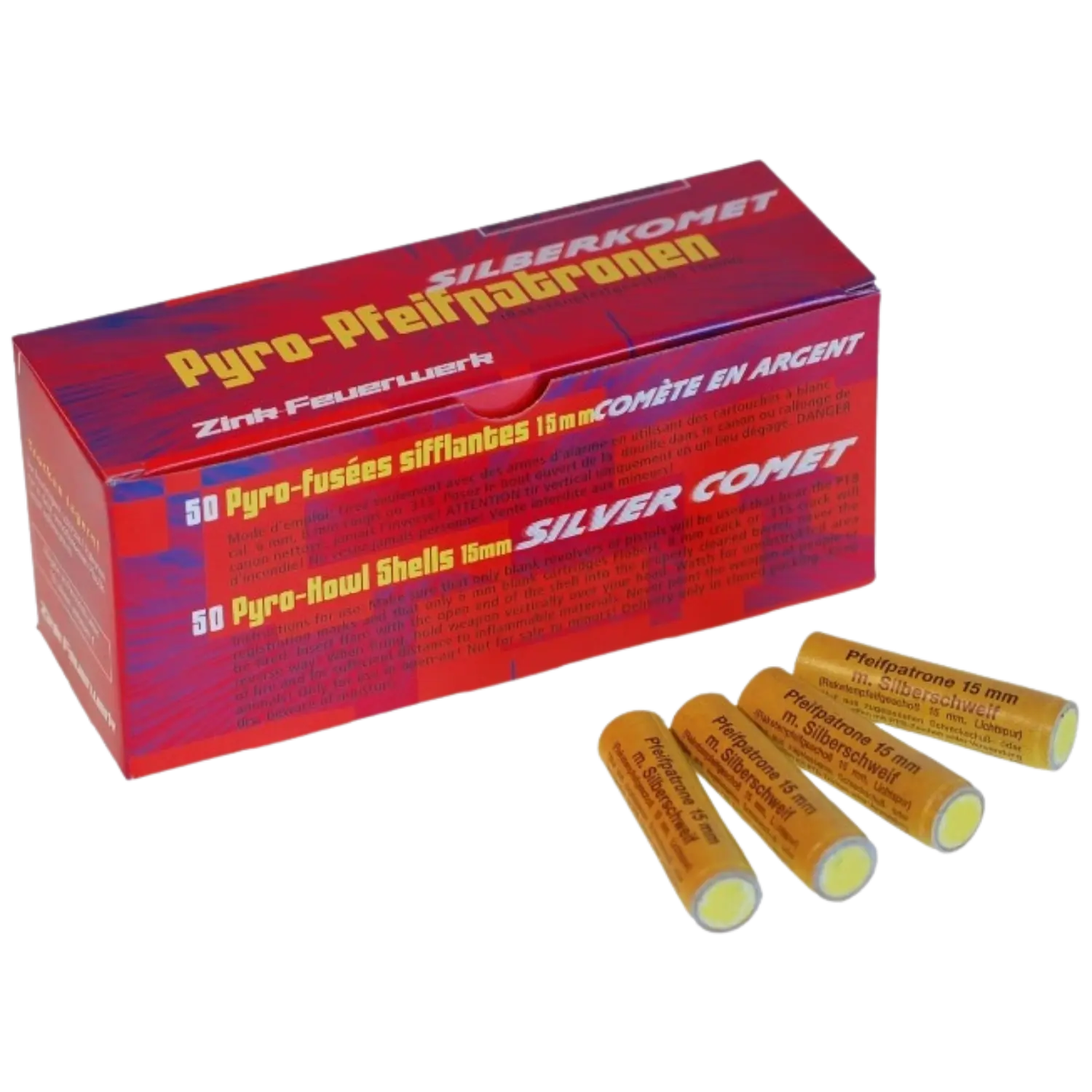 Rotes Verpackungspaket mit gelber Aufschrift 'Pyro-Pfeifpatronen Silberkomet' und vier gelbe Zink-Pfeifpatronen mit schwarzer Beschriftung.