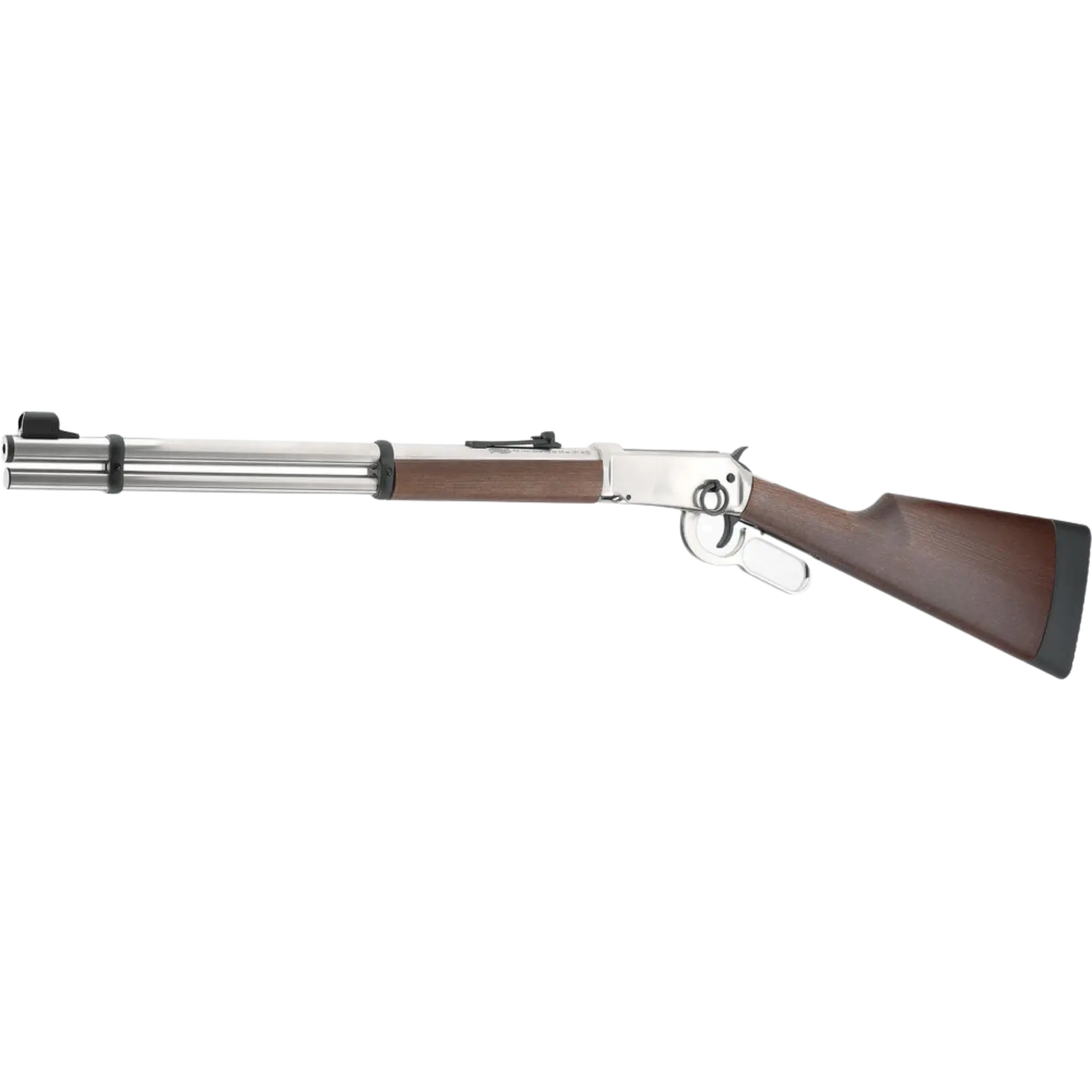 Walther Lever Action Gewehr mit glänzender Oberfläche, Holzschaft, langer Lauf und seitlicher Abzug. Schaft aus dunklem Holz.