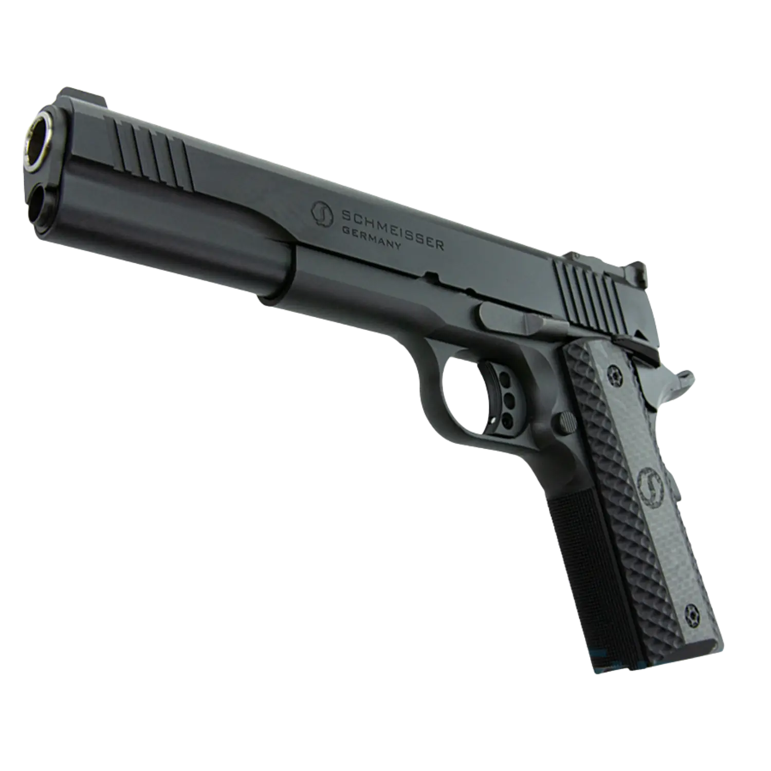 Pistole Schmeisser Hugo 1911 Kaliber .45ACP 6 Zoll Schmeisser Hugo, halbautomatische Pistole, schwarz, mit rutschfestem Griff und markantem Lauf, seitliche Ansicht.