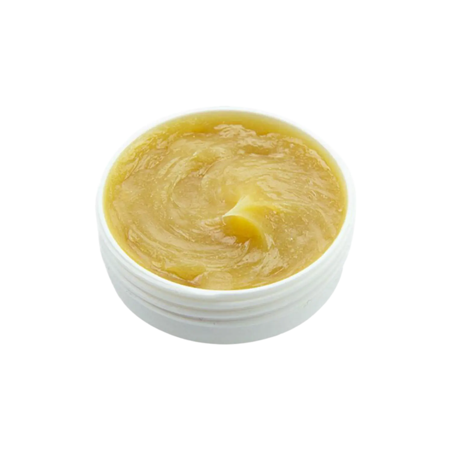 Runde, weiße Kunststoffdose mit gelblich-cremiger Teflonfett-Paste, die leicht gewellt aussieht.