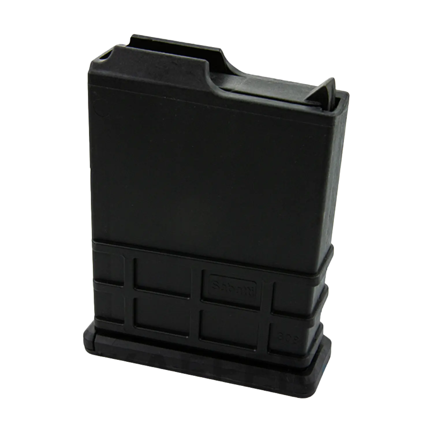 Schwarzfarbiges Magazin vom Typ Mercury, rechteckige Form mit einer oberen Öffnung und einem stabilen Boden. Auf der Vorderseite sind kleine quadratische Vertiefungen sichtbar.