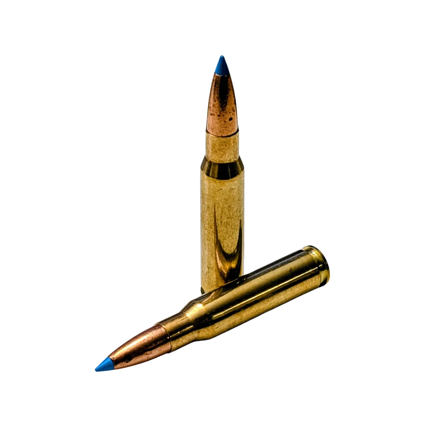 Zwei Patronen eine stehend und eine liegend mit goldener hülse und blauer spitze