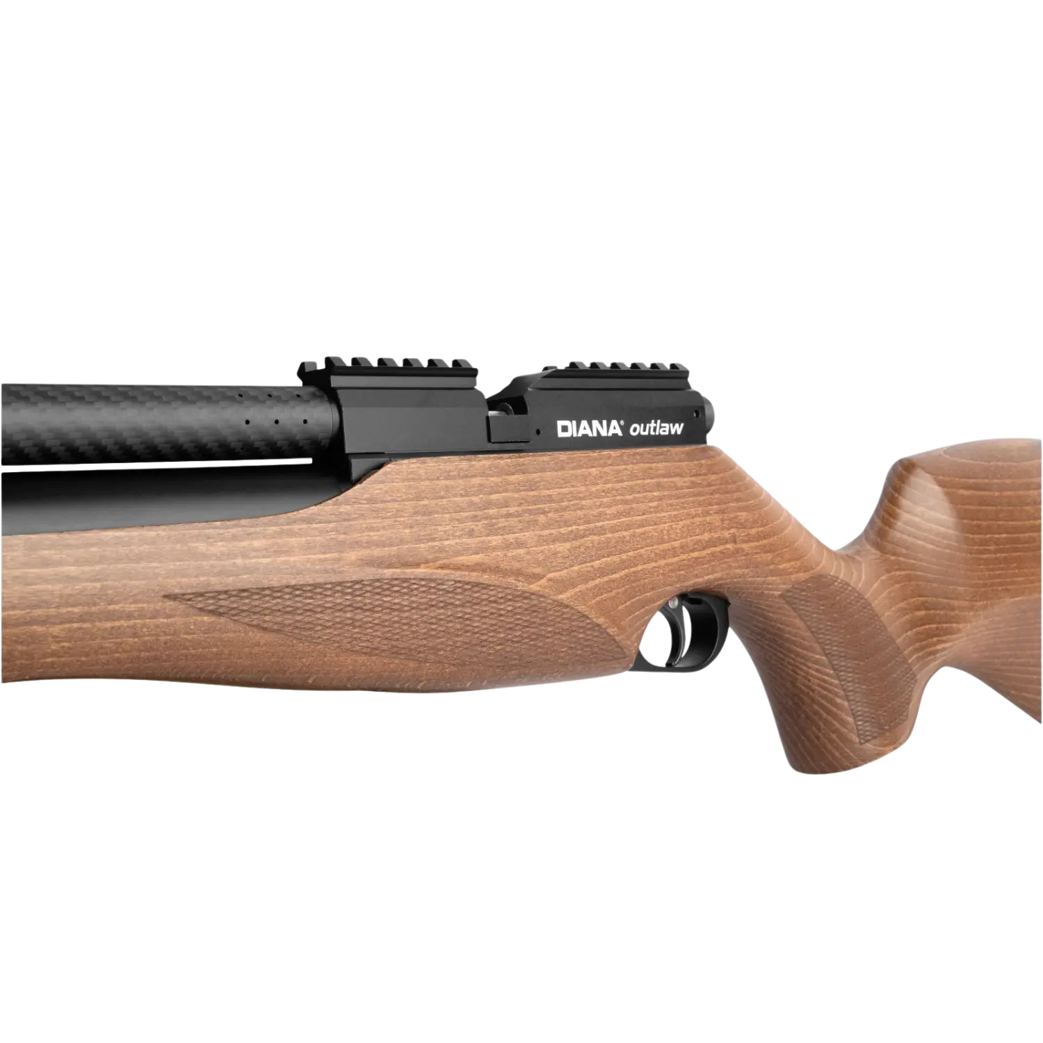 Luftgewehr Diana Outlaw Gen2, 5,5 mm, mit Holzschaft und Picatinny-Schiene, seitliche Ansicht des Schaftes.