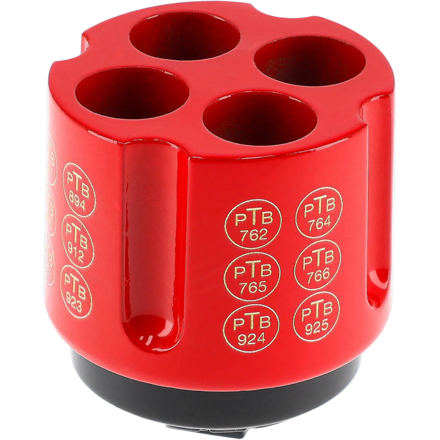 Roter Multishooter 4er Abschussbecher mit vier runden Kammern und mehreren goldfarbenen PTB-Prüfnummern auf der Seite.